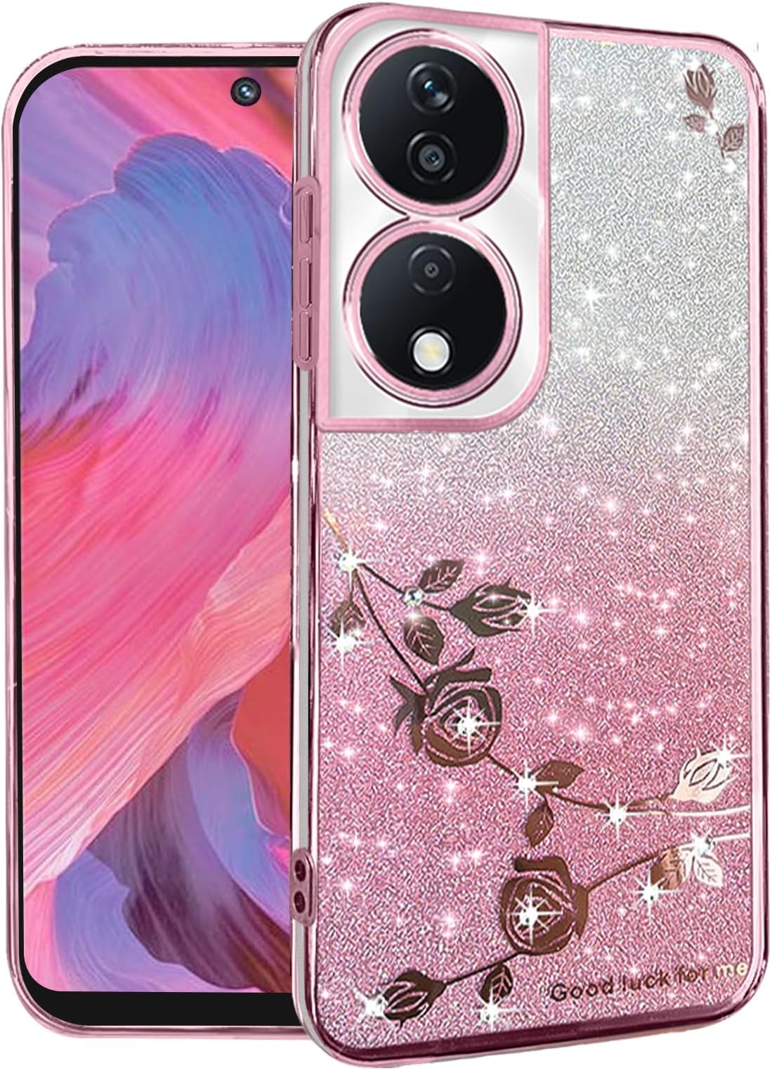 Phone Case for Honor X7b Clear Glitter Floral, Cute Slim for Honor X7b Case Silicone Shockproof Protective Women Girls Cover Sparkle Aesthetic (Pink)