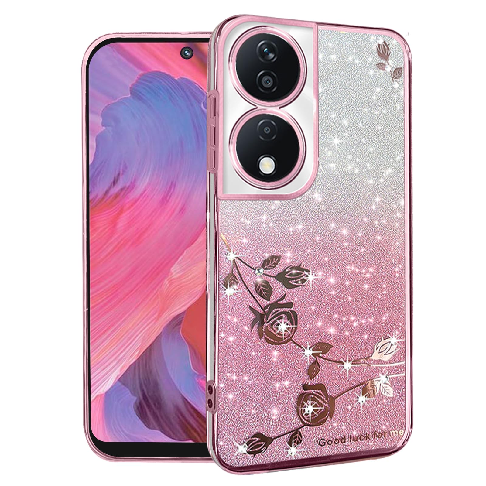 for Honor X7b Case Clear Glitter Floral Aesthetic Cute Sparkle for Women Girls Pretty Cover Honor X7b Phone Case Silicone Shockproof Protective Slim Gradient Shiny Design (Pink)