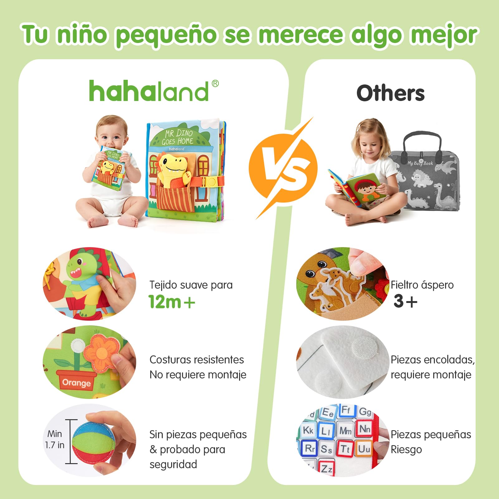 hahaland Libro Montessori 1 año Busy Book - Libro Actividad de Tela Blando, Dinosaurio Interactivo Juguetes Montessori para Bebes 6-12 meses Regalo Educativo 1-3 años