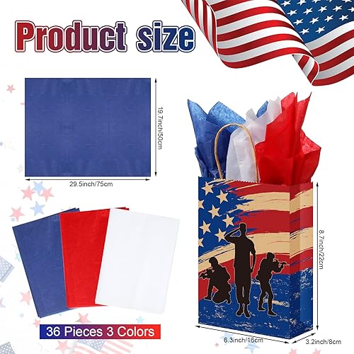Miniatura 2 de PerKoop 32 bolsas de regalo patrióticas con asas, 4 de julio, con papel de seda, bolsas de papel de bandera estadounidense, decoración patriótica