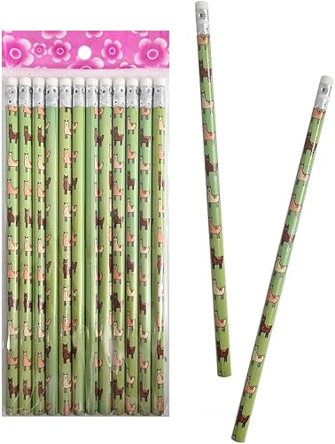 Set of 12 Alpaca Lama Pencils with Eraser Approximately 19 cm Green