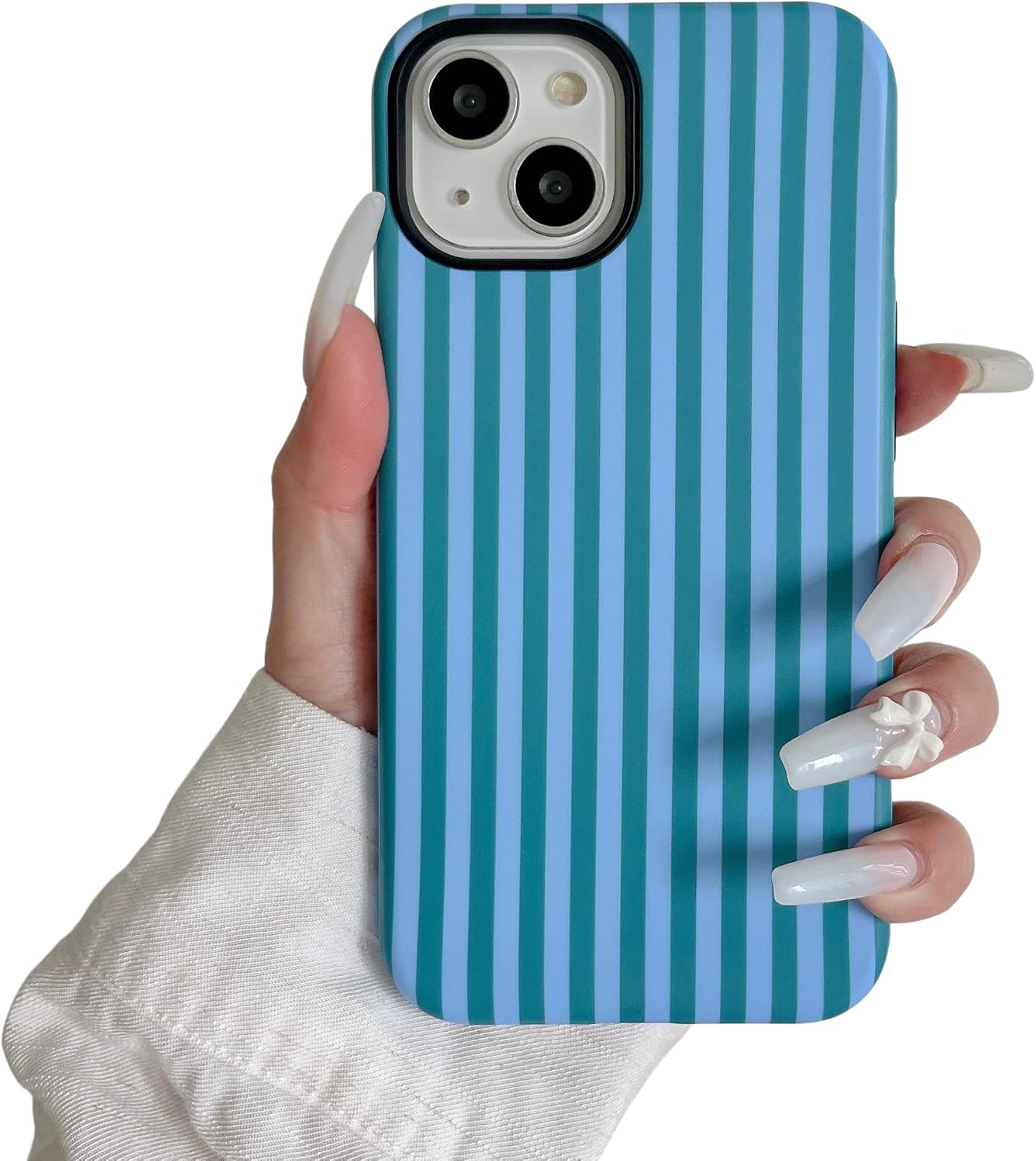 Cute Striped Phone Case for iPhone 13/14, Aesthetic Blue&Green Stripe 2 in 1 Shockproof Protective Cover for Women Girls (Blue&Green, for iPhone13/14)