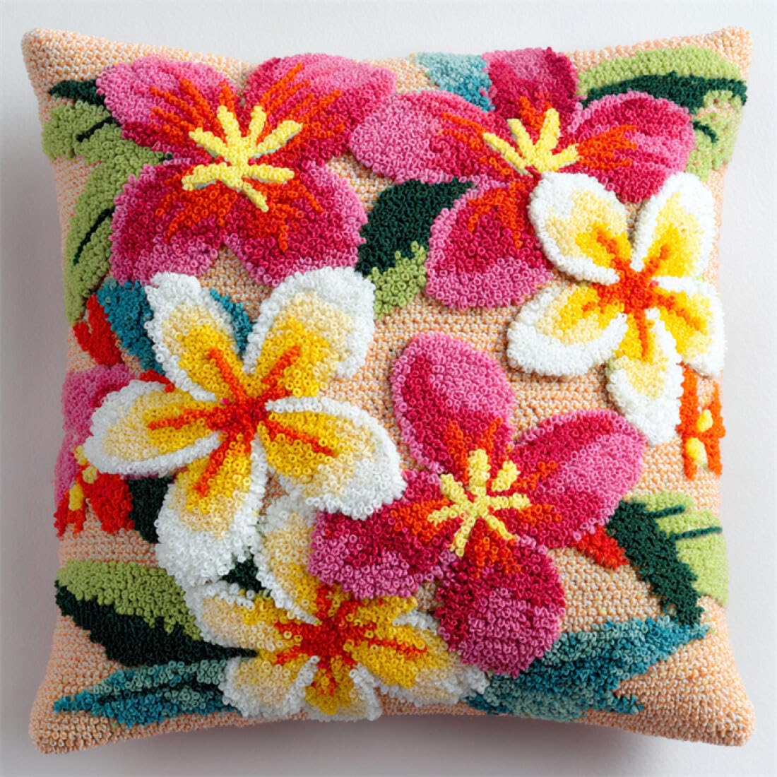 Kitquiver Latch Hook Cushion Craft Kits Colorful Frangipani DIY Latch Hook Kits Pillow Needlepoint Cushion Kit for Home Décor Needlework Set for Adult Beginners 17x17In