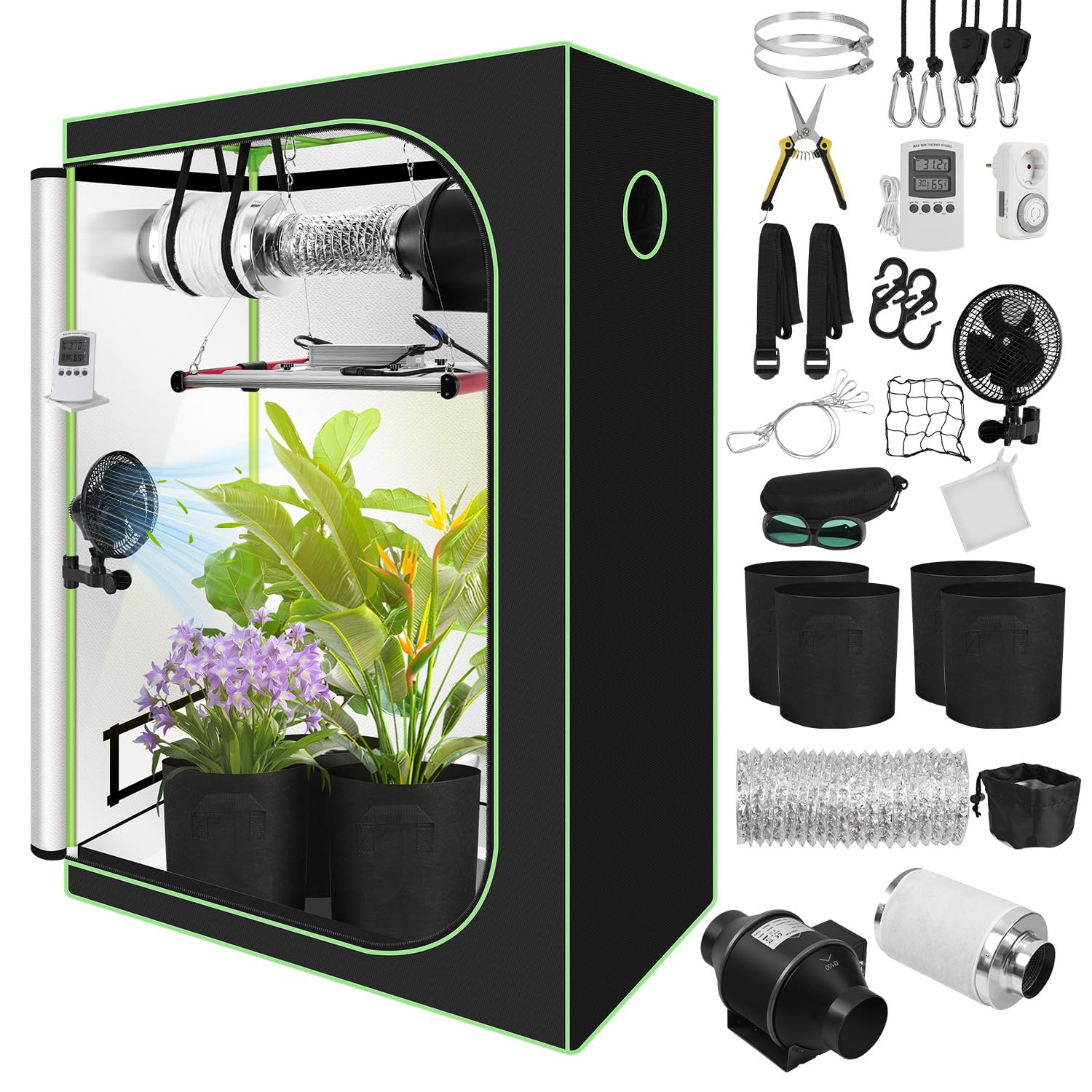 Juego completo de carpa de cultivo, 120 x 60 x 180 cm, 240 W, plegable LED, sistema de ventilación con filtro de carbón activo, tienda para plantas de interior