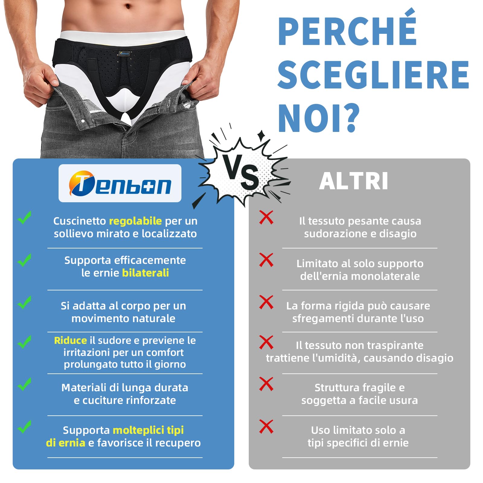 Tenbon Cintura per ernia per uomini e donne Cintura per ernia regolabile flessibile Supporto per ernia Sollievo dal dolore con 2 cuscinetti di compressione rimovibili (M)