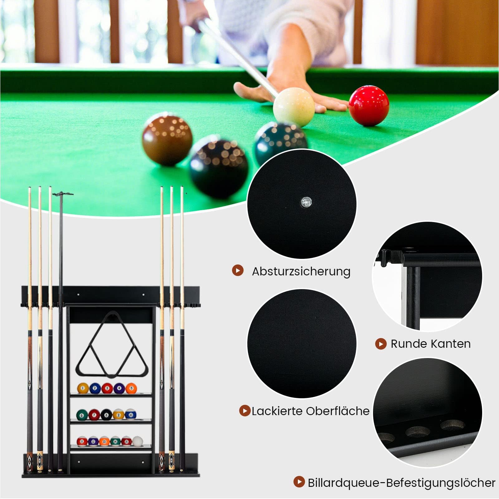 FANTASK Billard Queue Halter für 8 Queues & Billardzubehör, Billardständer Wandmontage, 3-stufig Billardqueueständer für Bars Clubs Spielzimmer (Schwarz)
