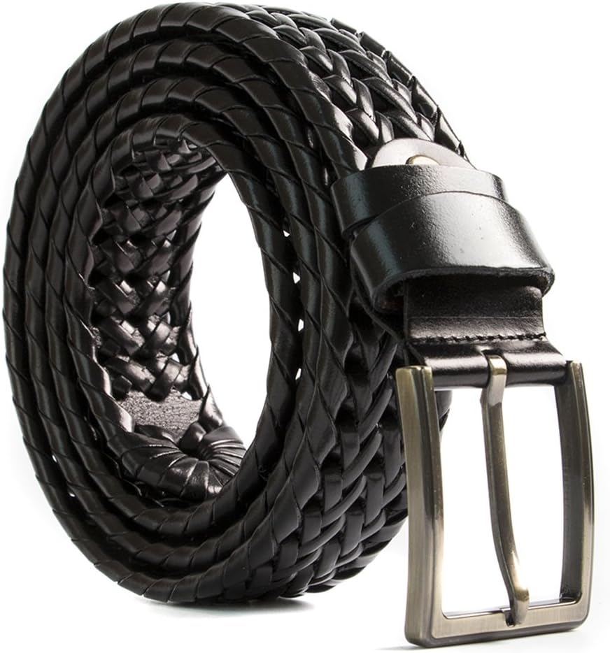 ECHAIN Men Braided Woven Genuine Leather Belt (Waist:28-30, black 2)