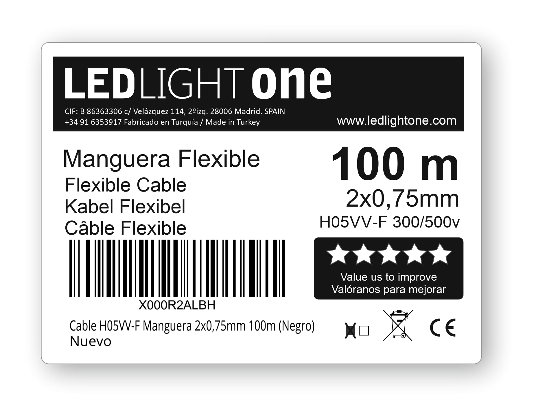 Cable H05VV-F Manguera 2x0,75mm 100m (Negro) Tensión de servicio: 500v Temperatura máxima de trabajo 70º.Cables para instalaciones fijas y móviles en locales domésticos y oficinas.