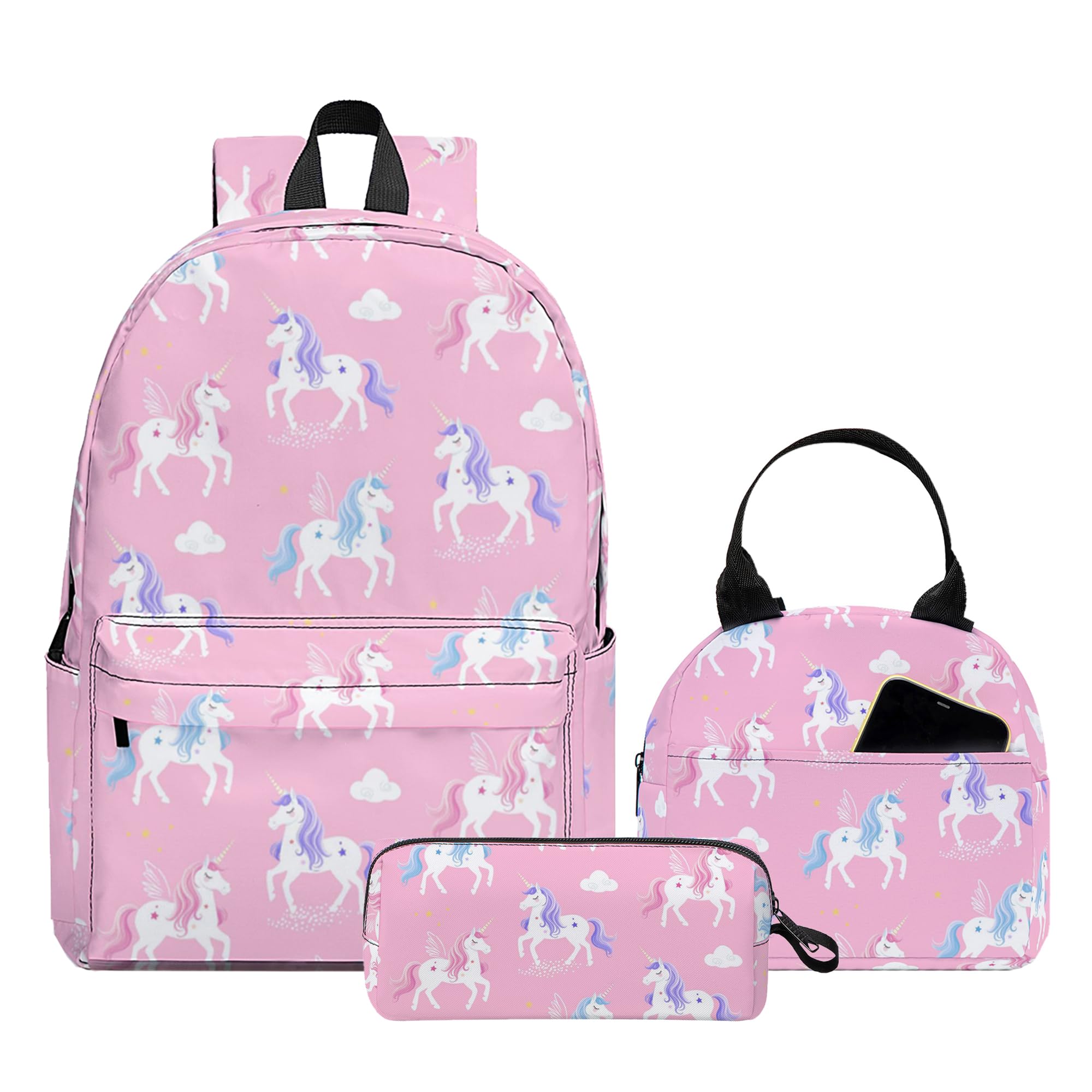 Ansteade 3PCS Backpack for Boys Girls, Kids School Backpack Sets with Lunch Bag Pencil Case, Large Capacity 17 Inch Bookpack 3 in 1 Set for Teens Elementary Middle High School Students (Unicorn)