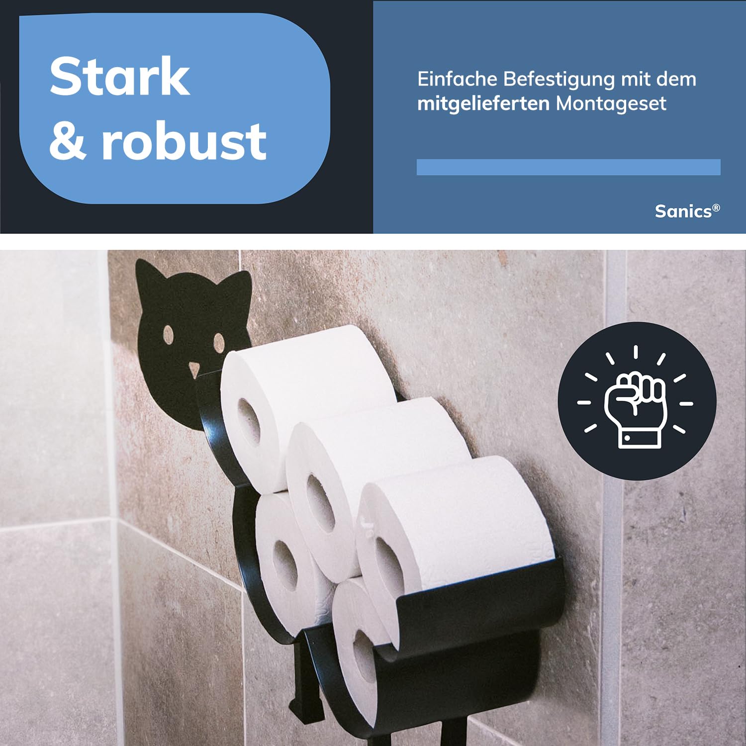 Ersatzrollenhalter Freistehend - WC Papierhalter Hängend - Wandhalterung - Katze - Toilettenpapierhalter Tiere - Schwarz