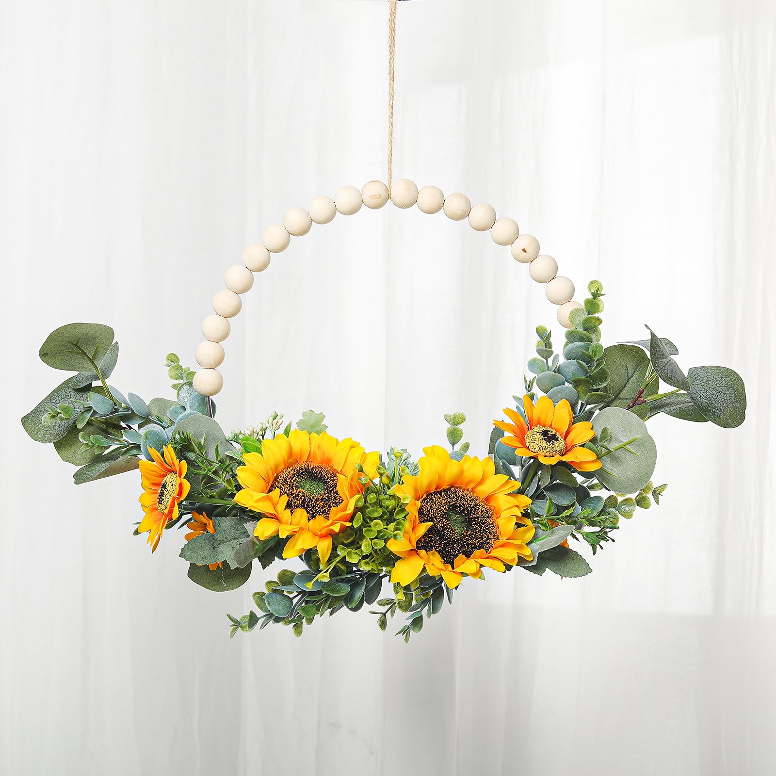 SWTHONY Wood Beads Artificial Sunflower Fall Wreath Boho Wall Decor 13.8 Inch Hanging Fake Spring Floral Wreath Farmhouse Wreath for Front Door- Indoor/Outdoor Door Wreath and Window Fall Decor