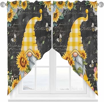 Gnomes Black Swag Curtains Yellow Sunflower Floral Bee Summer Spring Swag Valances for Kitchen Windows, Window Treatment Topper Curtains for Living Room Bedroom Bathroom, 28" W x 36" L