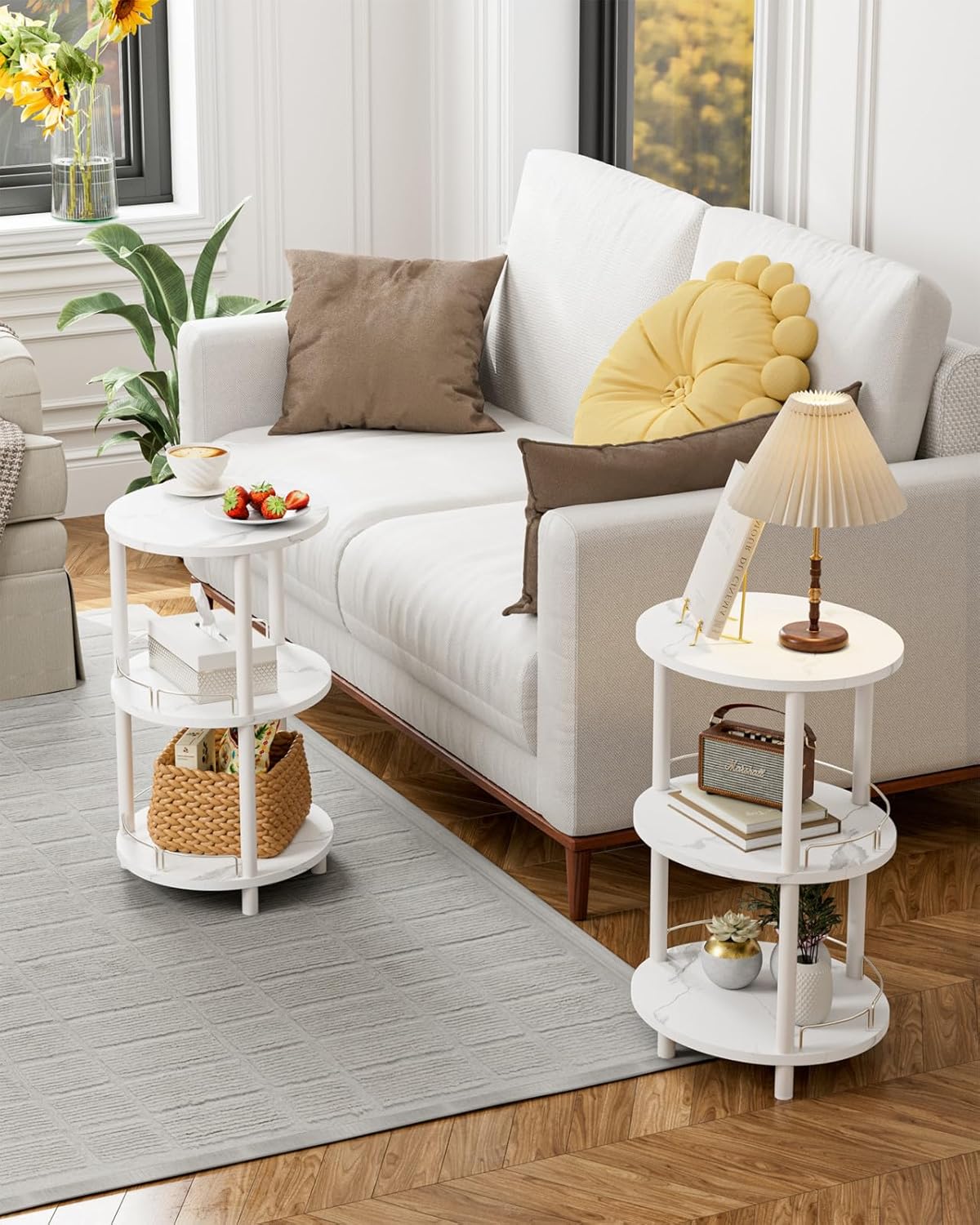 Small Nesting Coffee Table - 3-Tier Oval Accent Table for Small Spaces, Rustic Wood and Metal Couch End Table, Nightstand for Bedroom or End Table Living Room, Easy to Assemble, Marble White