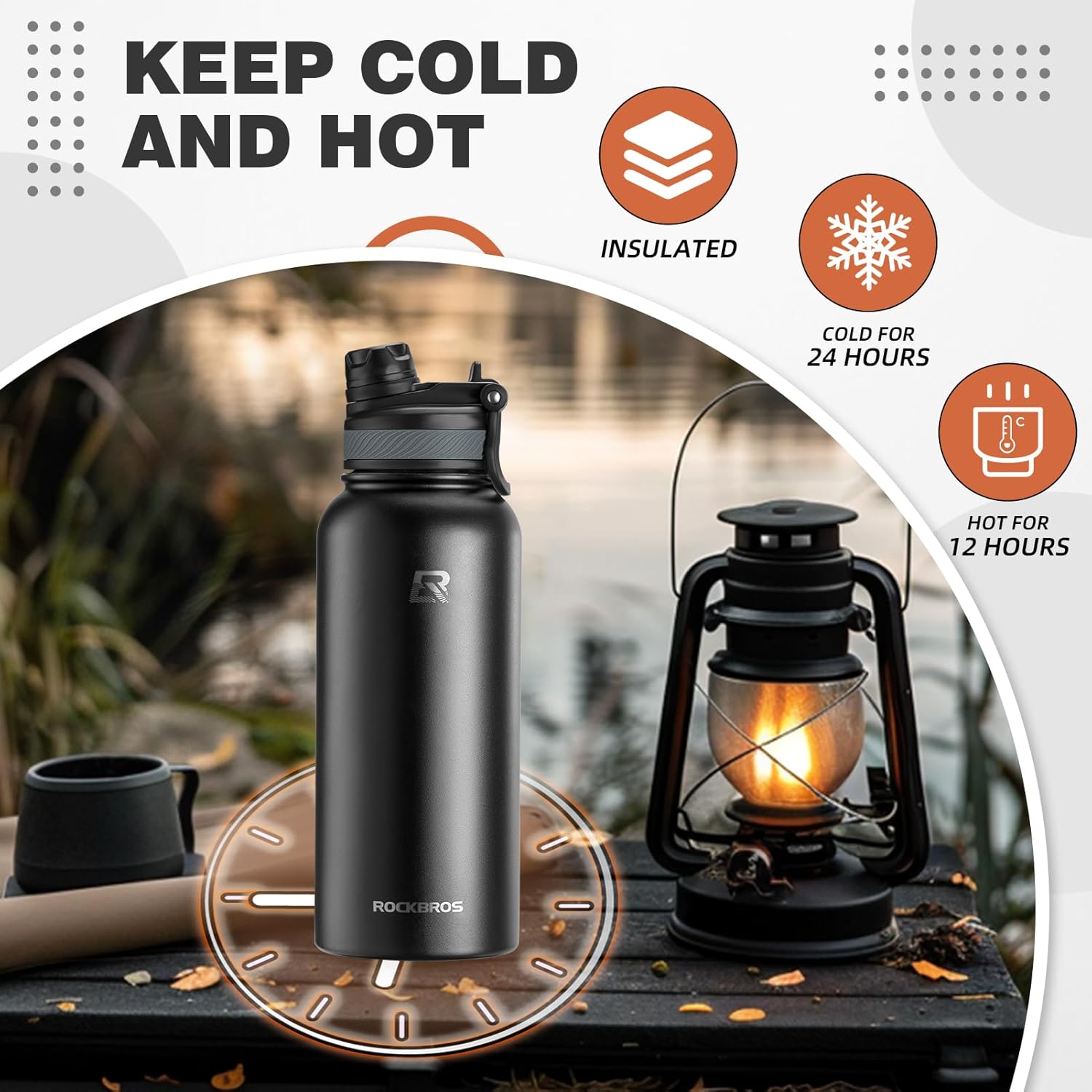 ROCKBROS Insulated Water Bottle with Straw, Stainless Steel Sports Water Cup Flask Leak Proof with Handle Keep Warm and Cold for Hiking, Cycling, Bike Travel, School Sports, Gym - Image 2