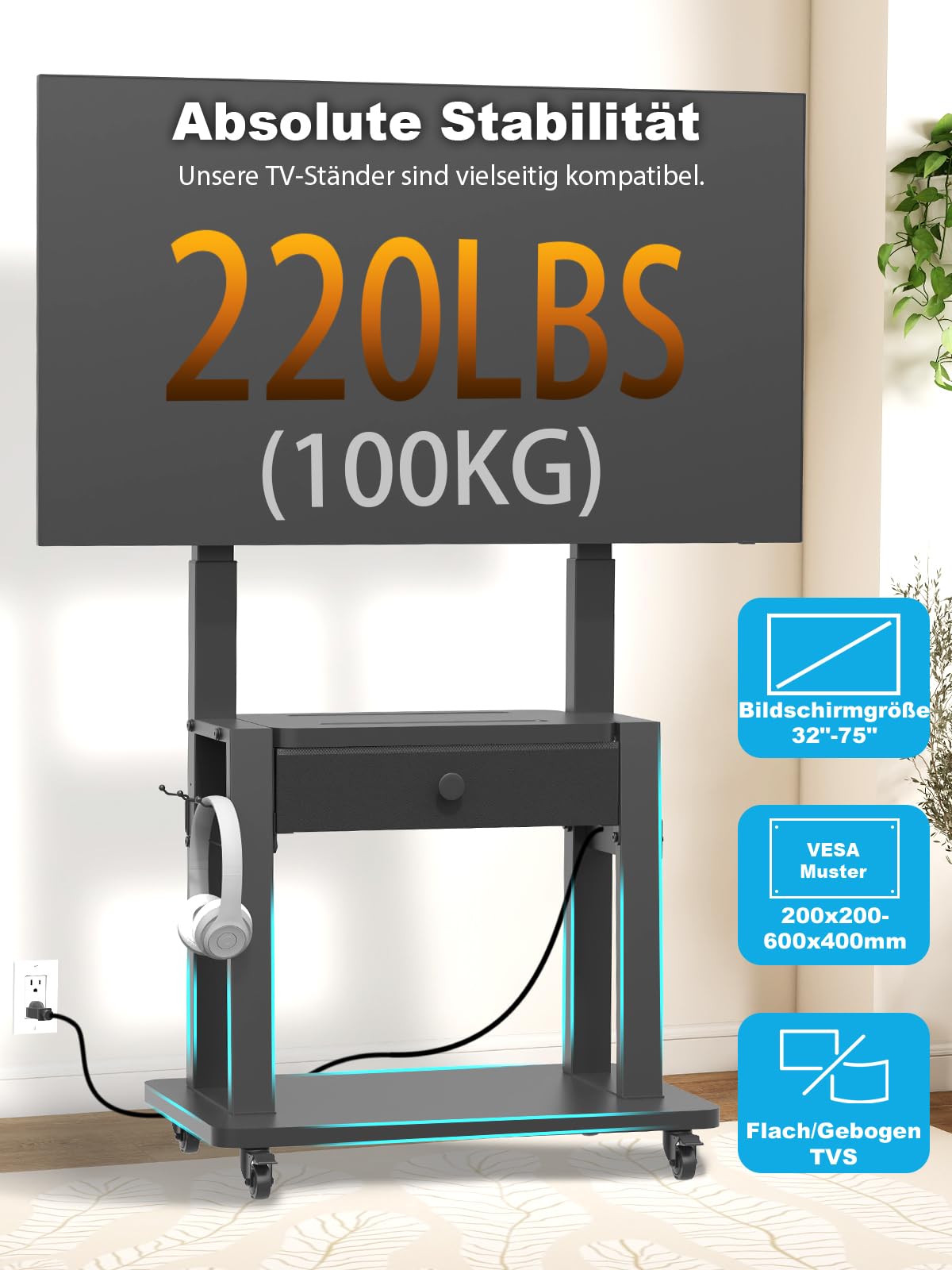 Rollbarer TV-Ständer mit Steckdose und Stoffschublade für 32-75" Flach/Curved TV bis 100kg, höhenverstellbar, mobiler Fernsehwagen, für Home Office, VESA Norm 600 x 400mm, Schwarz Schwarz