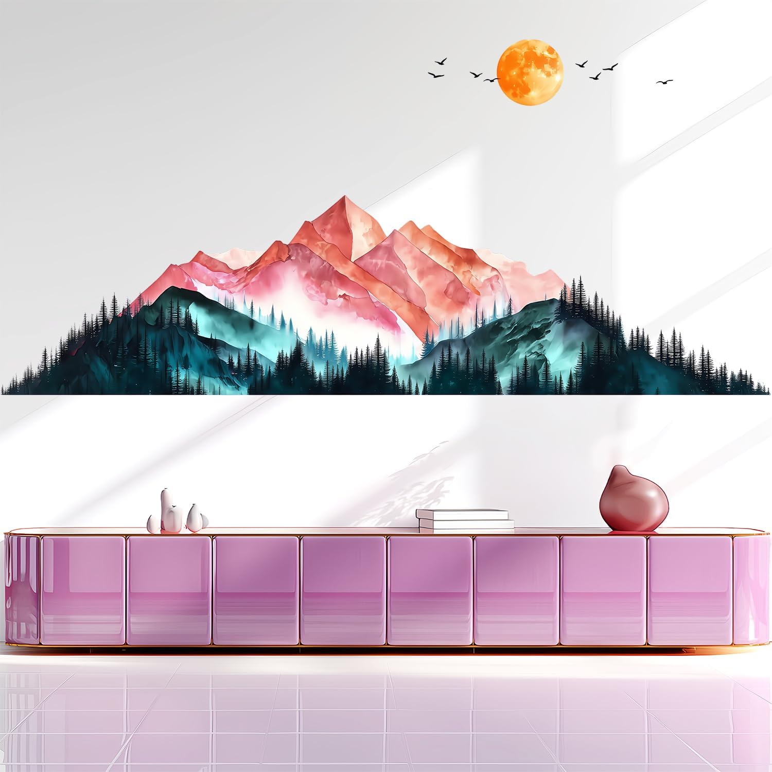 Mountain Wall Decals Peel and Stick - Boho Landscape Moon Wall Stickers - Abstract Nature Mural for Bedroom, Living Room - Removable Vinyl Art for Home Wall Decor, Nursery, Apartment