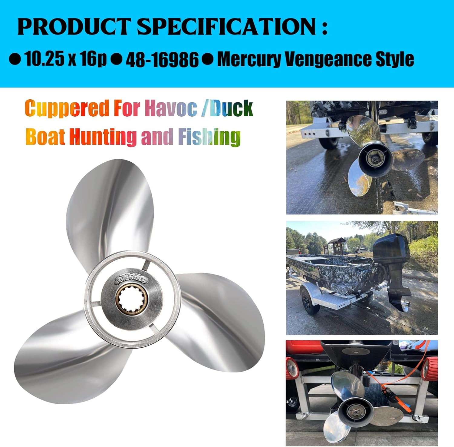 OEM Upgrade 10.25 x 16 Vengeance Style Stainless Steel Outboard Propeller for Mercury Engines 40-60 HP Reference No.48-16986, 13 Spline Tooth, RH