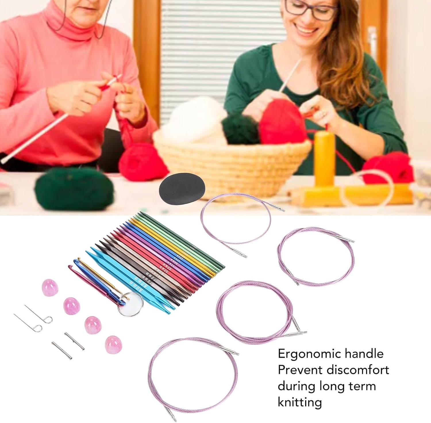 Ergonomic Aluminum Circular Knitting Needles Set, 9 Pairs with Flexible Cables, Clear Size Markings for Small Projects