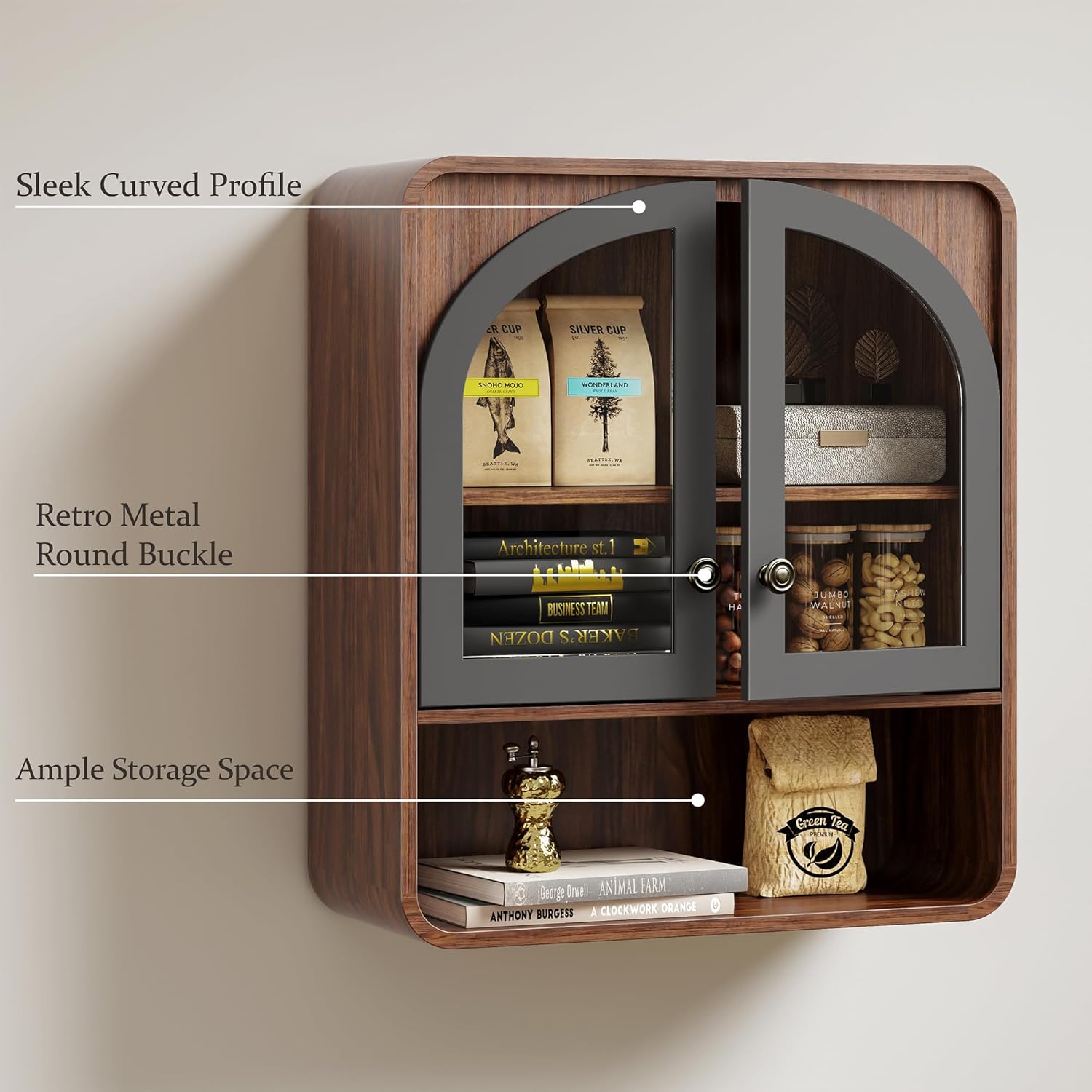 Bathroom Wall Cabinet, Medicine Cabinet Wall Mount with Arched Glass Doors & Adjustable Shelf, Bathroom Cabinet Over the Toilet Storage Cabinet for Laundry Room, Kitchen, Living Room