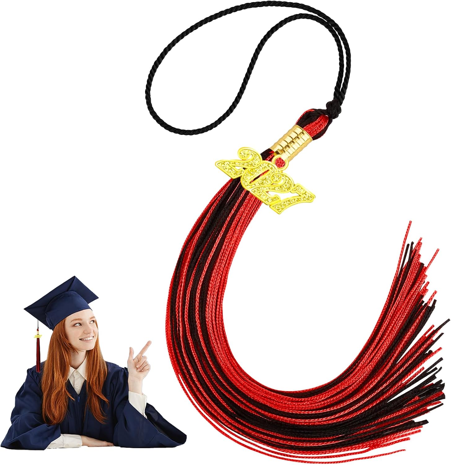 2027 Tassel Graduation with Gold Charm, Red and Black Tassel Charms for Graduation Cap Gown Decorations Accessories, Class of 2027 Congrats Grad Ceremony Party Favors Supplies, Grad Gifts