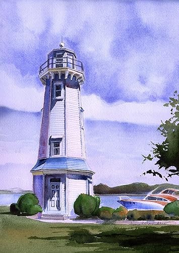 Grand Island Lighthouse, Buffalo Launch Club, Niagara River, Nueva York. James Mann - Impresión de acuarela mate, 5x7