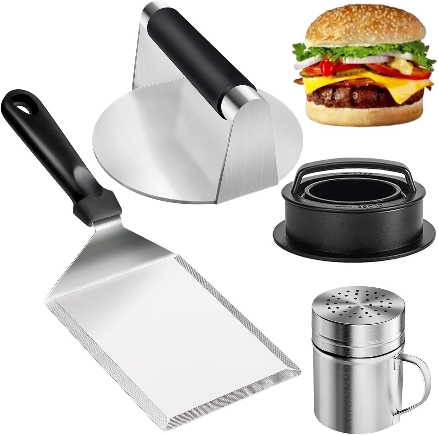 4PCS Grill Accessories for Blackstone, Stainless Steel Smash Burger Press Kit, Include Griddle Spatula, Bacon Press, Spice Dredge Shaker and Hamburger Press Patty Maker for Flat Top Cooking