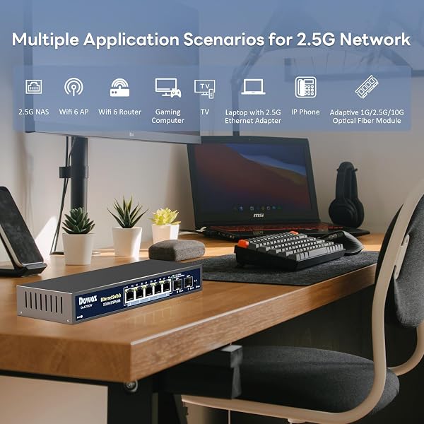 7-Port 2.5G Unmanaged Ethernet Switch with 5 x 2.5G Base-T Ports and 2 x Uplink 10G SFP Ports, Compatible with 100/1000/2500 Mbps Network Switches, Metal and Fanless, Plug and Play - 4