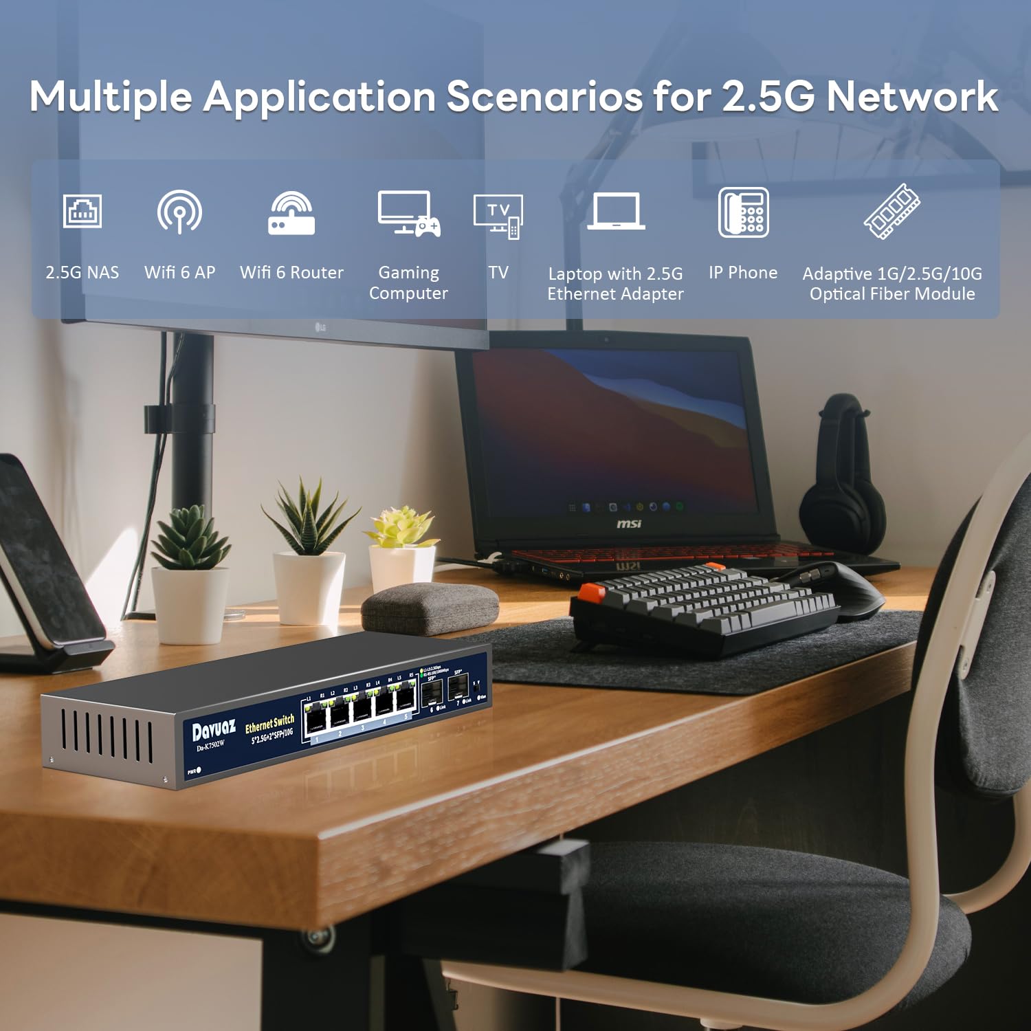 7-Port 2.5G Unmanaged Ethernet Switch with 5 x 2.5G Base-T Ports and 2 x uplink 10G SFP Ports, Compatible with 100/1000/2500Mbps Network Switches,Metal and Fanless, Plug and Play