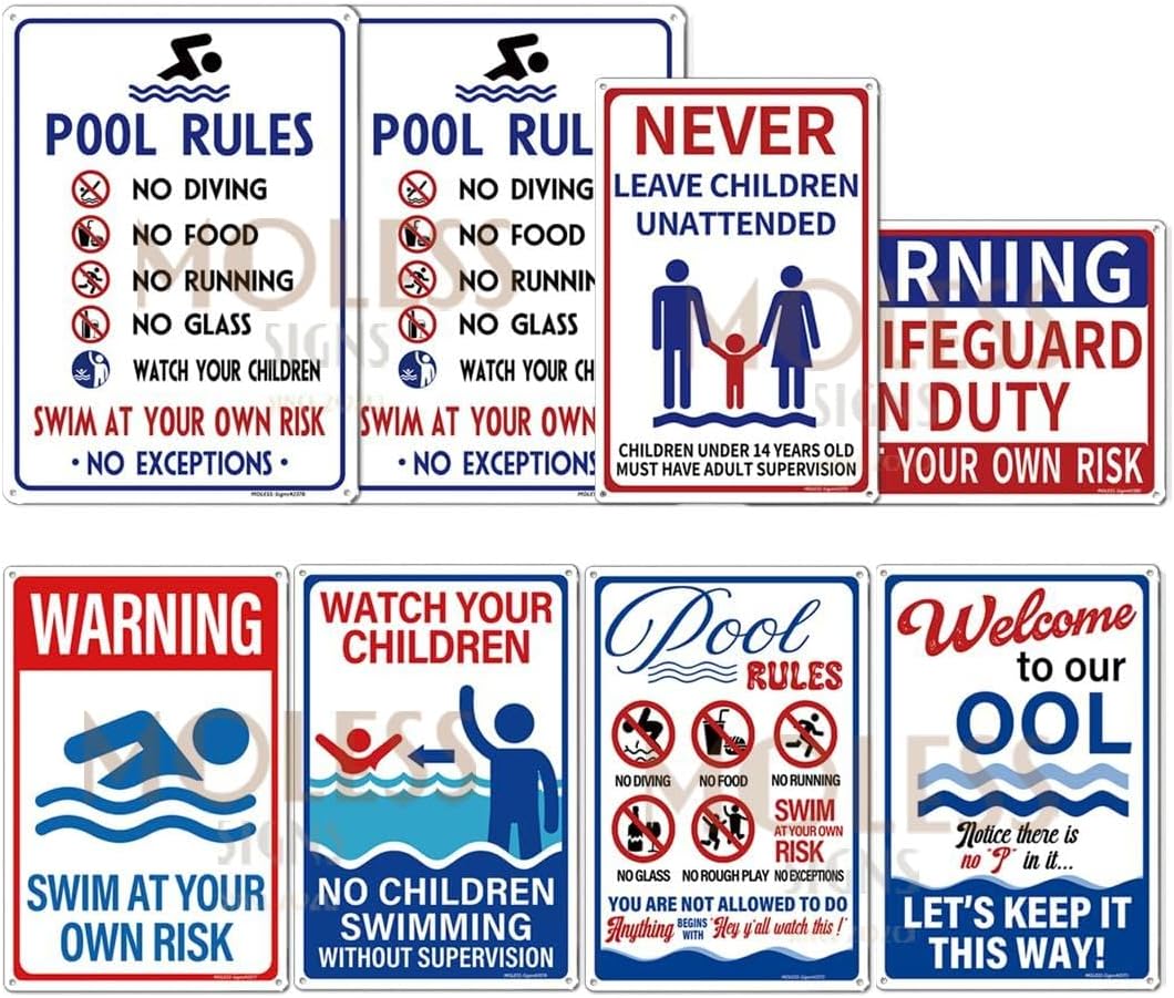 Pool Signs Bundles - 6Pack 12x8 Inches + 2Pack 14x10 Inches Pool Signs, PSP-2401 | PSP-2502 | PSP-2503 | 2378-White, Durable 0.040 Aluminum Weatherproof & UV Protected