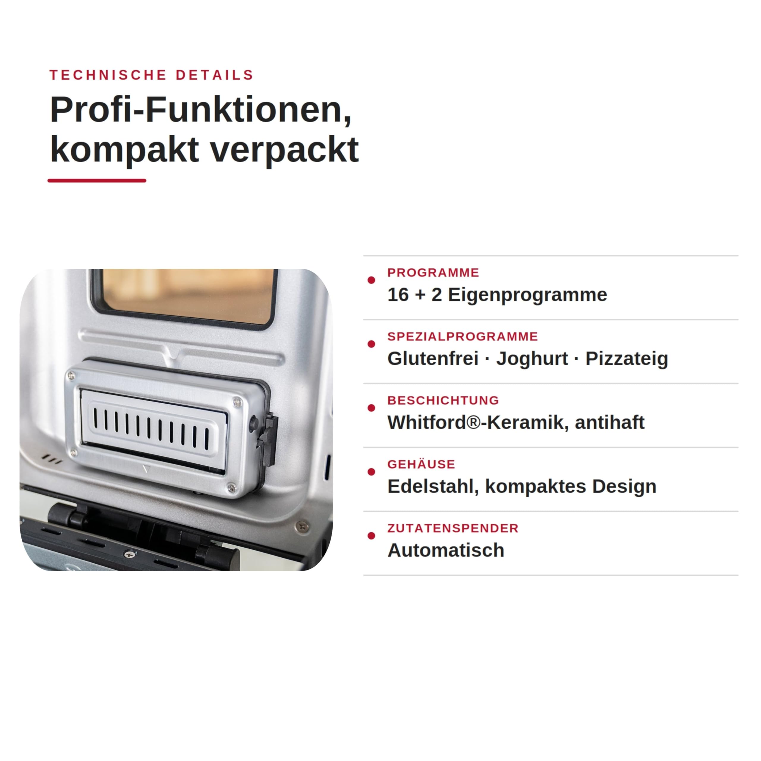 UNOLD Brotbackautomat BackProfi 68476 – Brotbackmaschine mit automatischer Zutatenspender, 18 Programme inkl. Glutenfrei & Joghurt, Touchscreen, Timer bis 15 h, Warmhaltefunktion - bis 1000g Brot