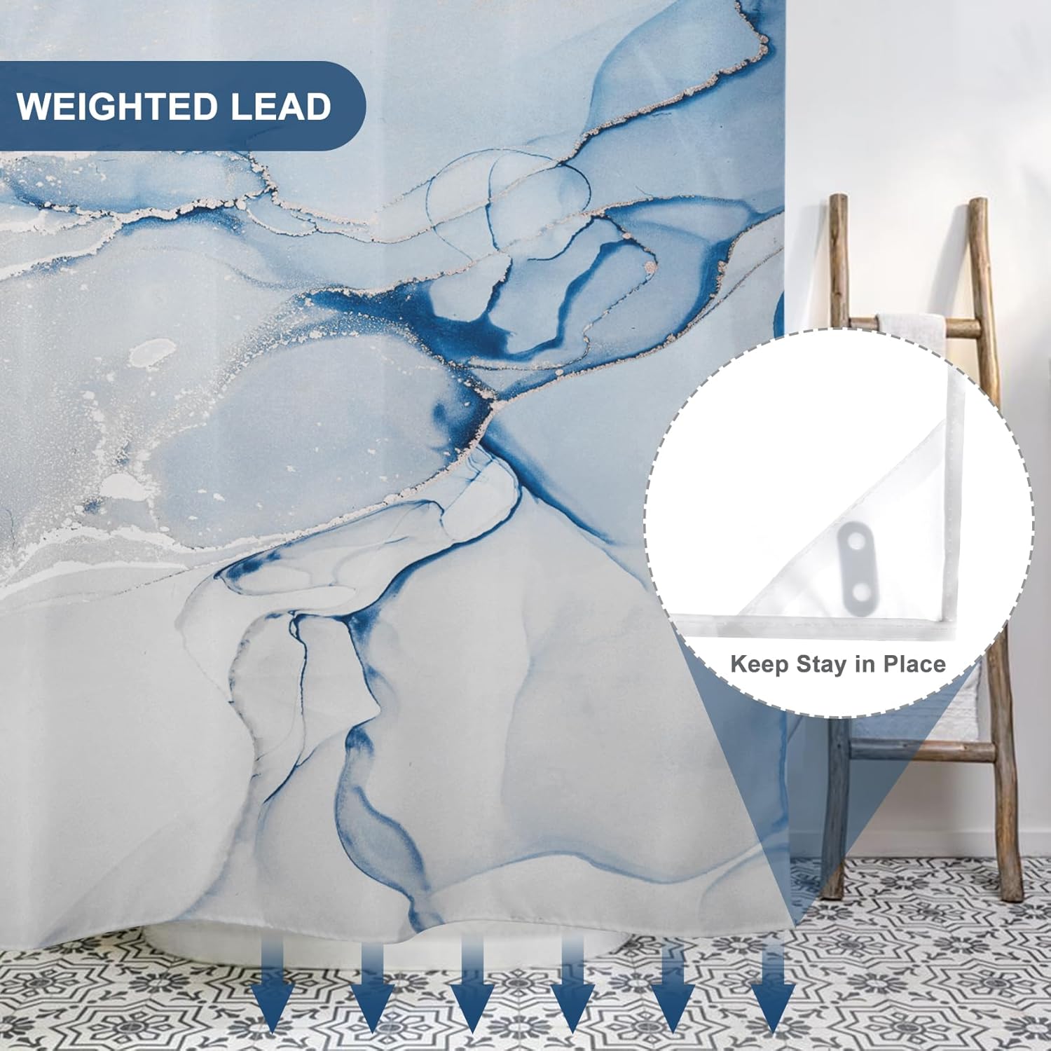 AWERT No Hook Shower Curtain with Snap in Liner Blue Marble Shower Curtain and Liner Set Double Layers Waterproof Fabric and See-Through Top Window Bathroom Decorative 71x83inch