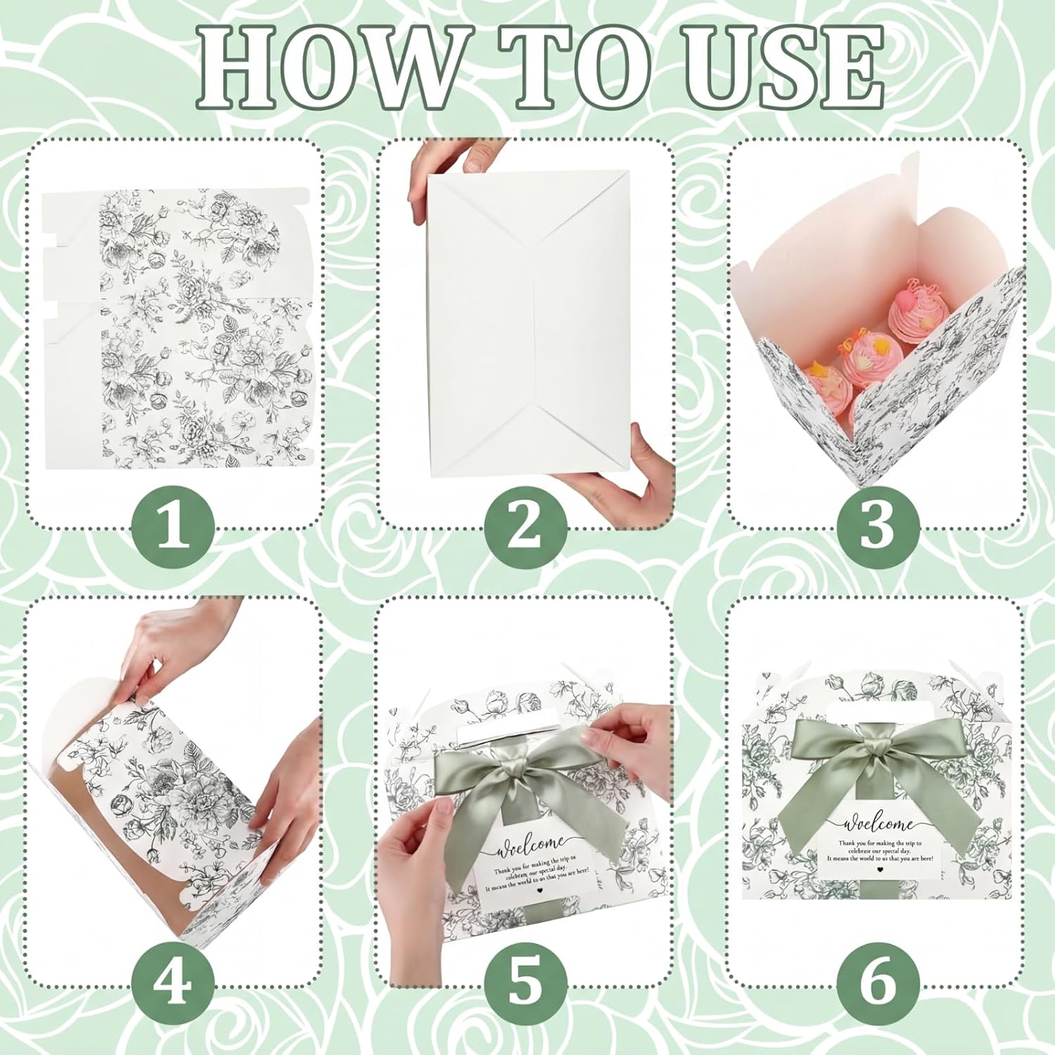 24 Set Green Floral Wedding Welcome Box with Ribbon and Label 9x6x6'' Large Gable Boxes Paper Goodie Boxes Welcome Favor Kit for Wedding Bridesmaid Gift Bridal Baby Shower Birthday Party
