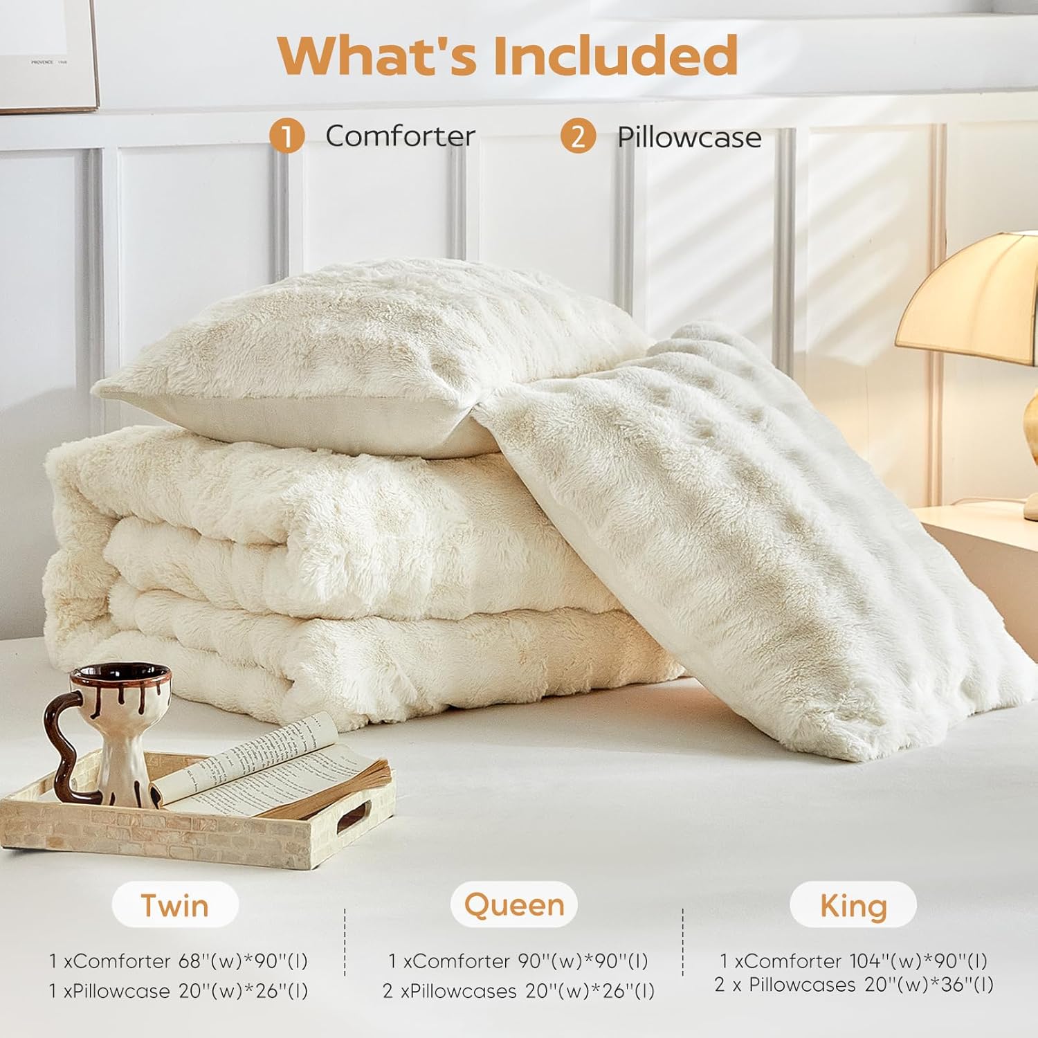 Tokokimo Faux Fur Comforter Set King Size, Ultra Soft Reversible Heavyweight Fluffy Bedding, Extra Warm Winter Comforter with 2 Pillow Cases, All Season Fuzzy Comforter Set, Beige - Image 6