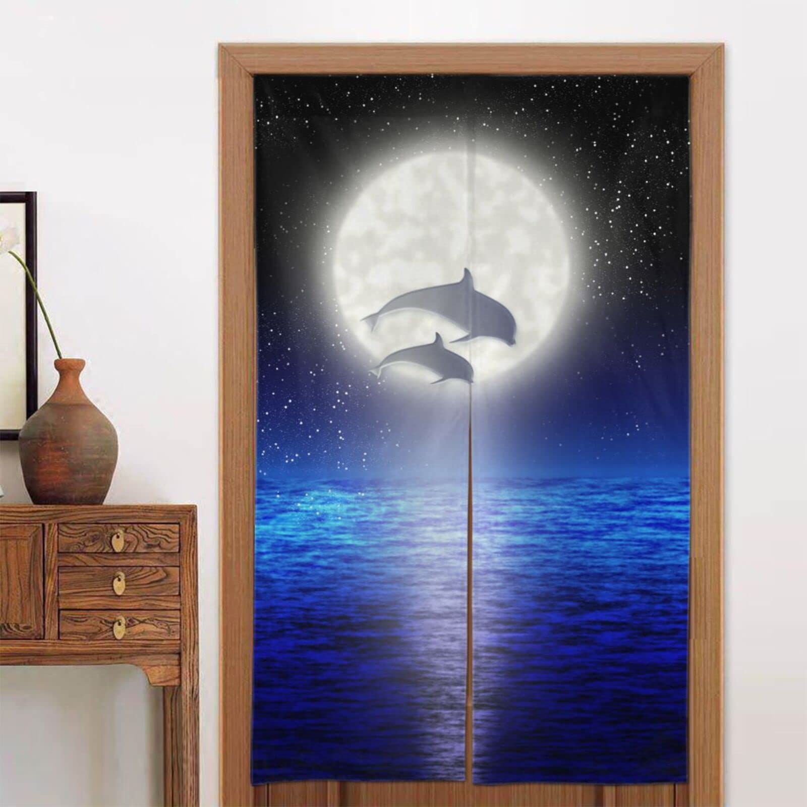 Amazon｜のれん イルカ 夜の海風景 月 洗える アニメ 暖簾 和風 目隠し