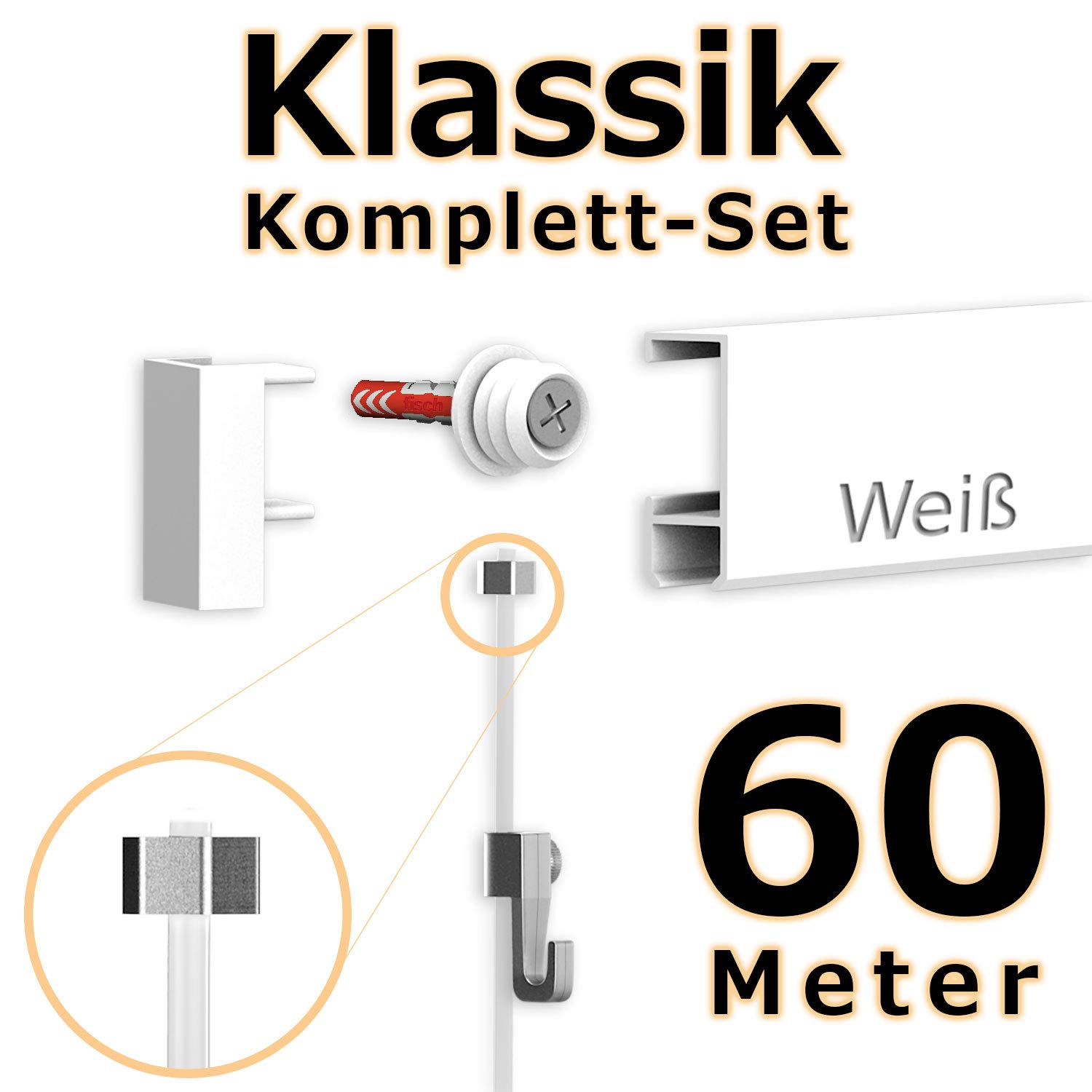 hang-it 60 Meter Bilderschienen Galerieschienen - Komplett Set in weiß