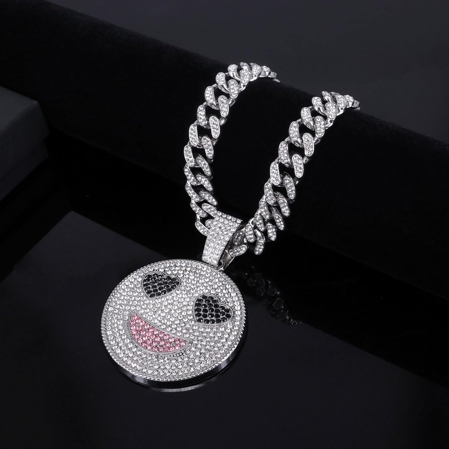 Smiling Face Hip-hop Cuban Chain, Rhinestone Pendant Necklace Jewelry For Men，Men's Fashion Jewelry Silver golden - Image 5