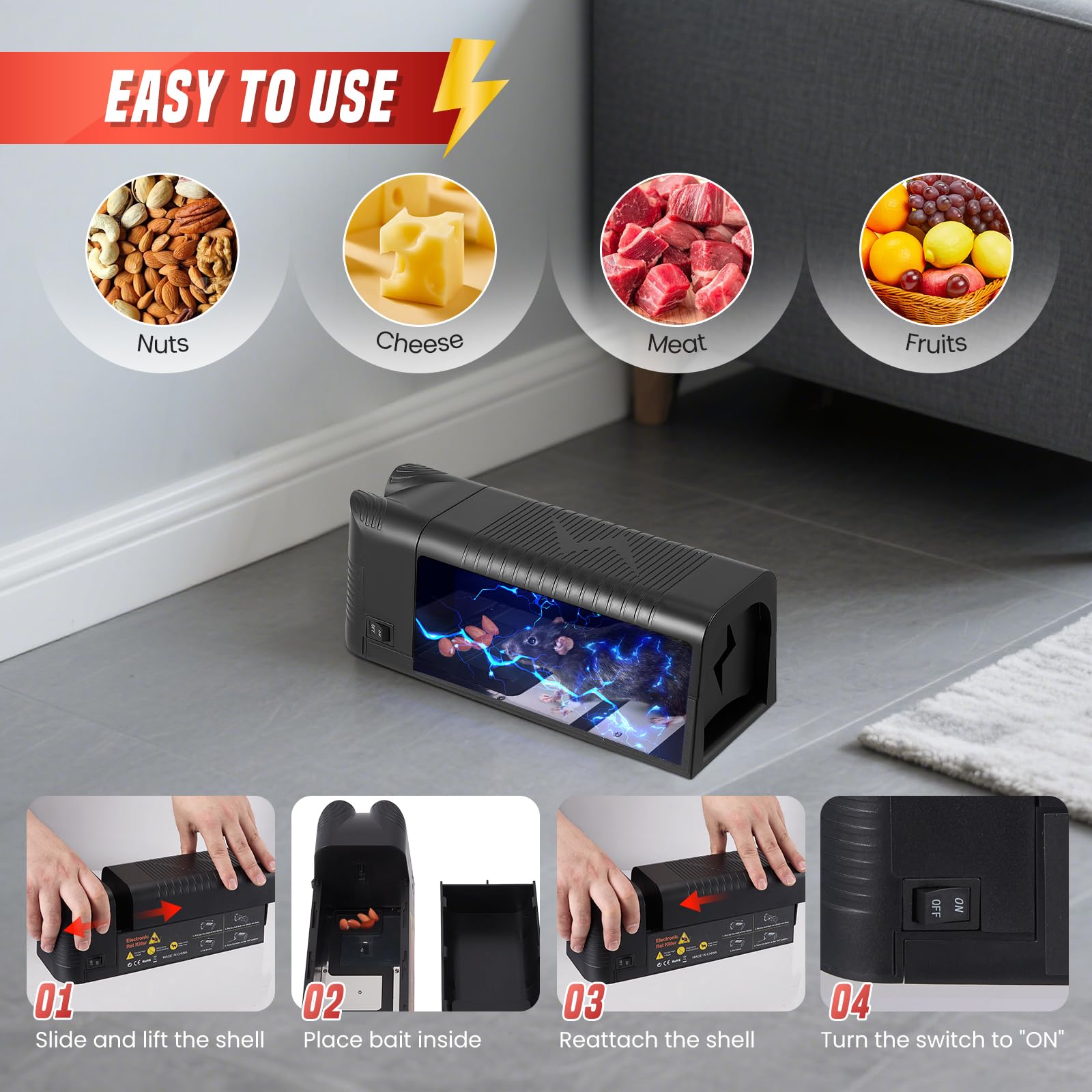 Trappola Elettrica topi per interni, 2 opzioni di alimentazione, Trappola elettrica per topis senza contatto, Anti-fuga, efficace trappola elettrica per topi, per cucine, garage, uffici