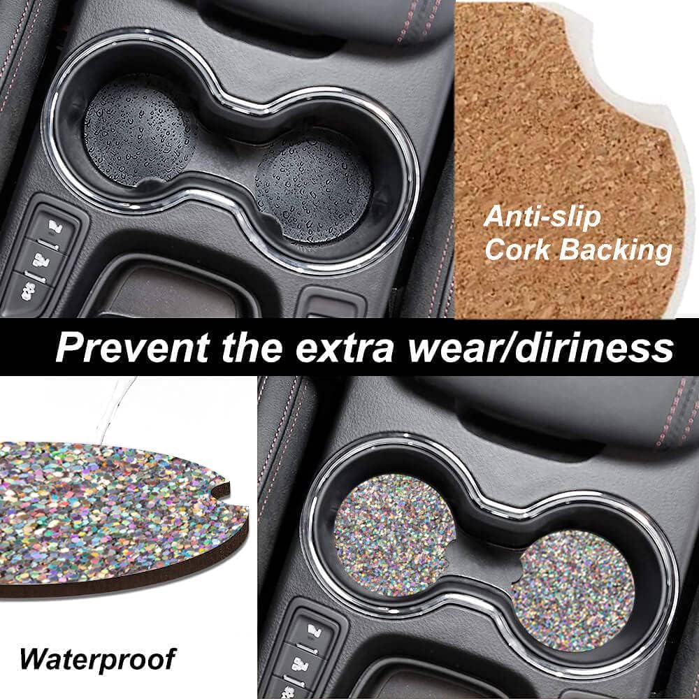 Absorbent Cup Holders Car Coasters,2 Pack Ceramic Stone Drinks Coaster Set for Women Man 2.56"(Rainbow Glitter) image 3