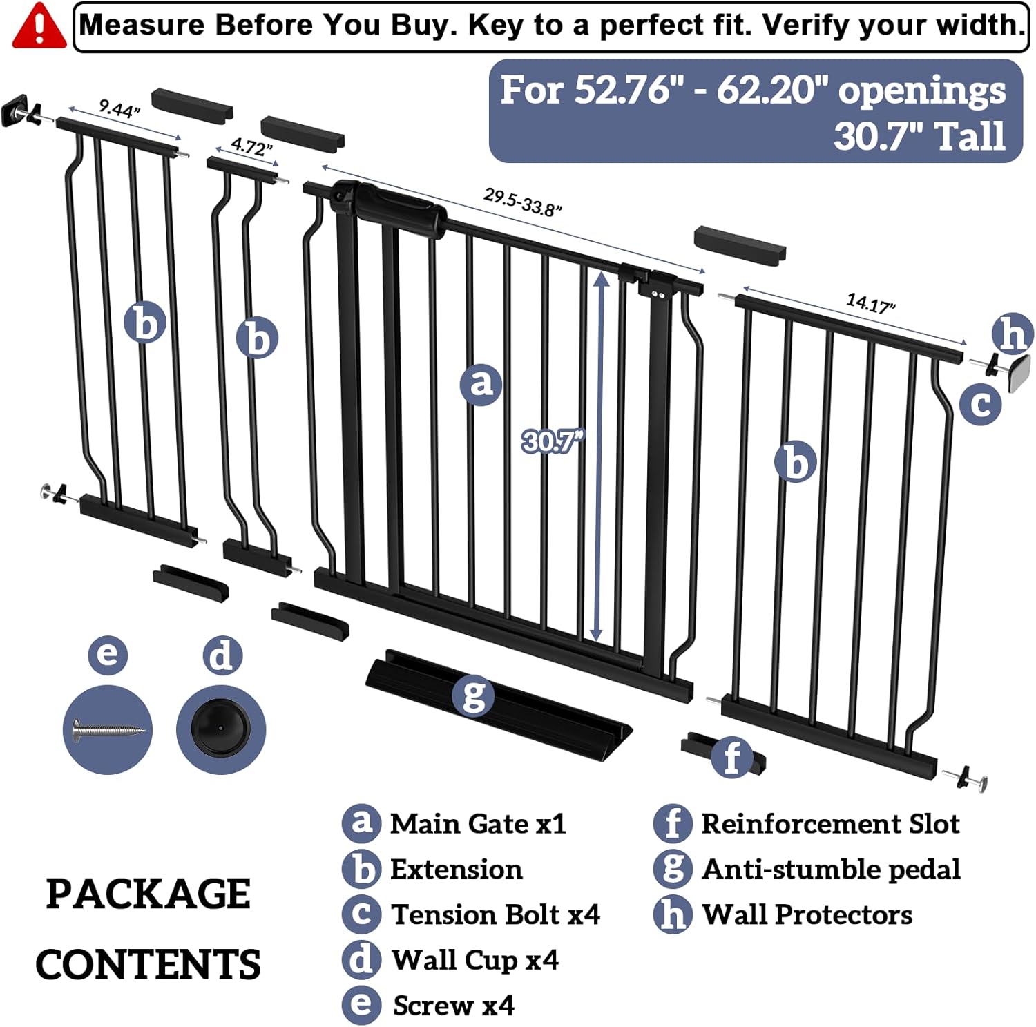 Extra Wide Baby Gates for Doorways 52.76"-62.20" Extra Wide Baby Gate Dog gate Pressure Mounted No Drilling with Walk-Through, Auto-Close & Dual-Direction Swing for Large Wide Opening Black Black 52.76"-62.20"(134-158cm)