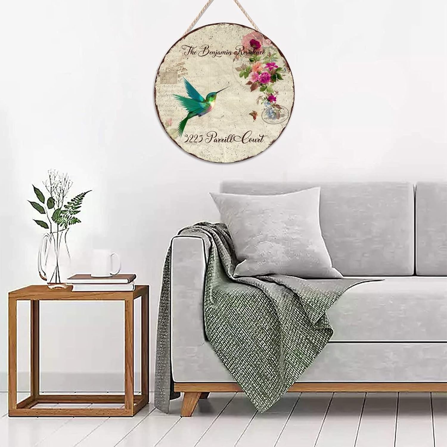 Custom Name Home Address Hummingbird Rustic Wood Door Sign, Front Door Round Wood Sign, 18" x18" Wall Hanging Sign Plaque, Welcome for Front Door Entryway Porch Bar Pub Housewarming Gifts