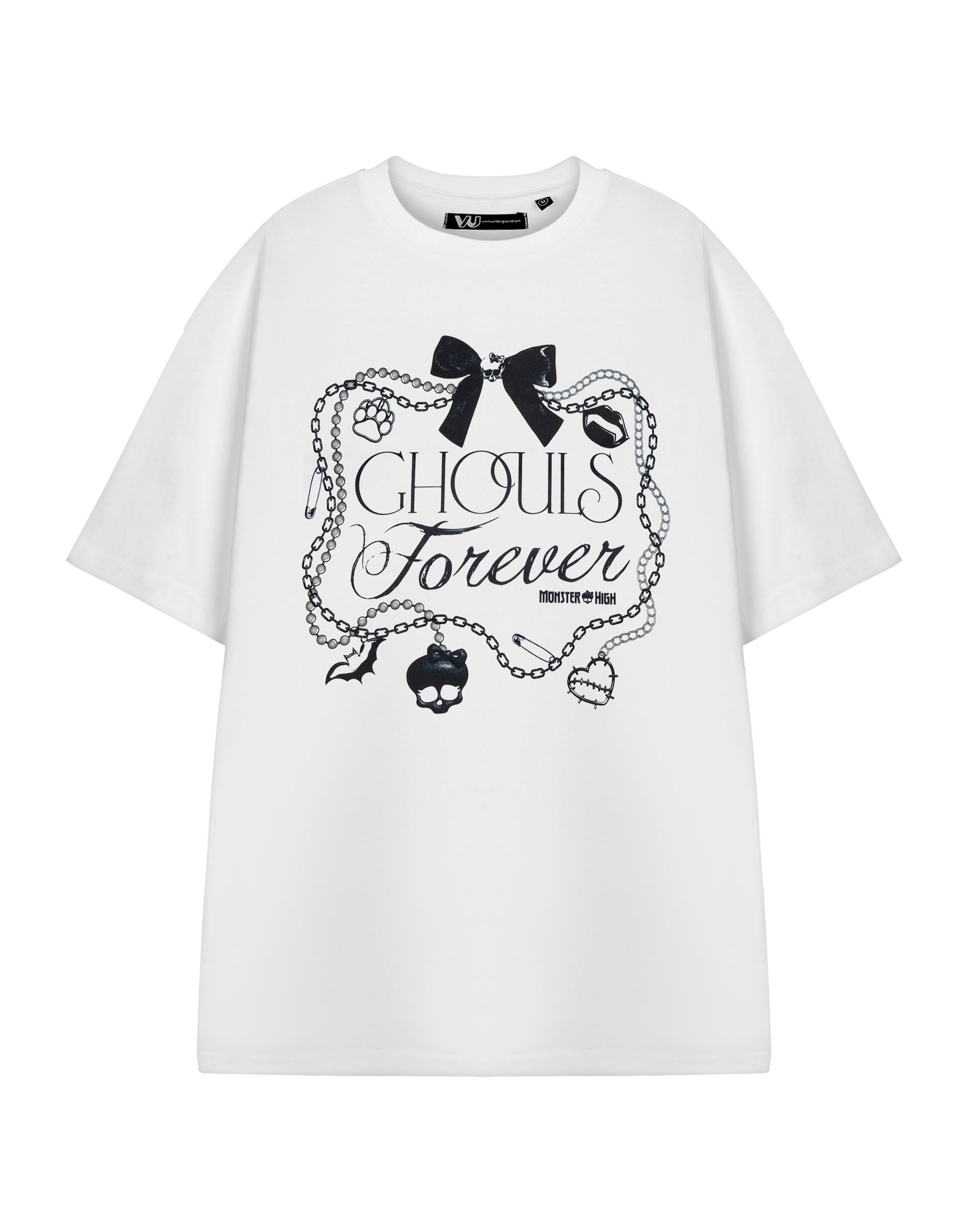 Monster High Women's Ghouls Forever White Short Sleeved Graphic Tee | Classic Cartoon Top | Casual Wear T-Shirt | Crew Neck Design | Mh Spooky Theme Apparel Merch - Large
