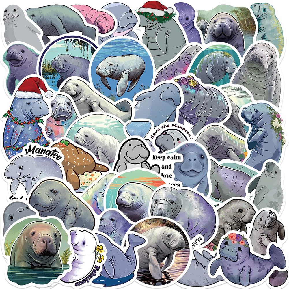 50Pcs Manatee Stickers Sea Cow Waterproof Vinyl Decals for Adult Teen Kids Cup Water Bottles Laptop Luggage Computer Mobile Phone Guitar Skateboard