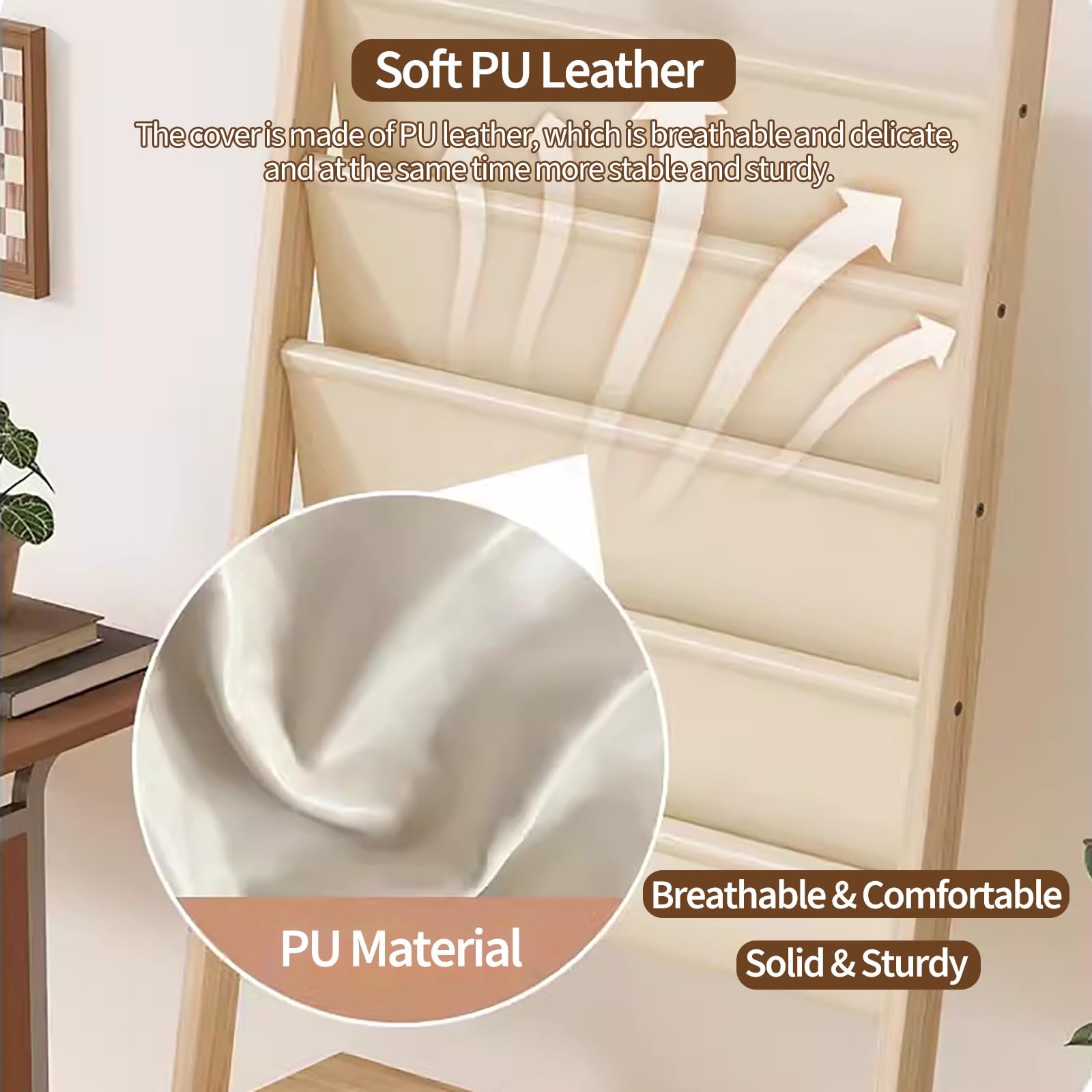 Porte-revues en bois au sol avec cuir PU - Porte-journaux et magazines pour enfants de grande capacité - Porte-brochures de magazines de littérature sur pied - Rangement de bandes dessinées, jouets