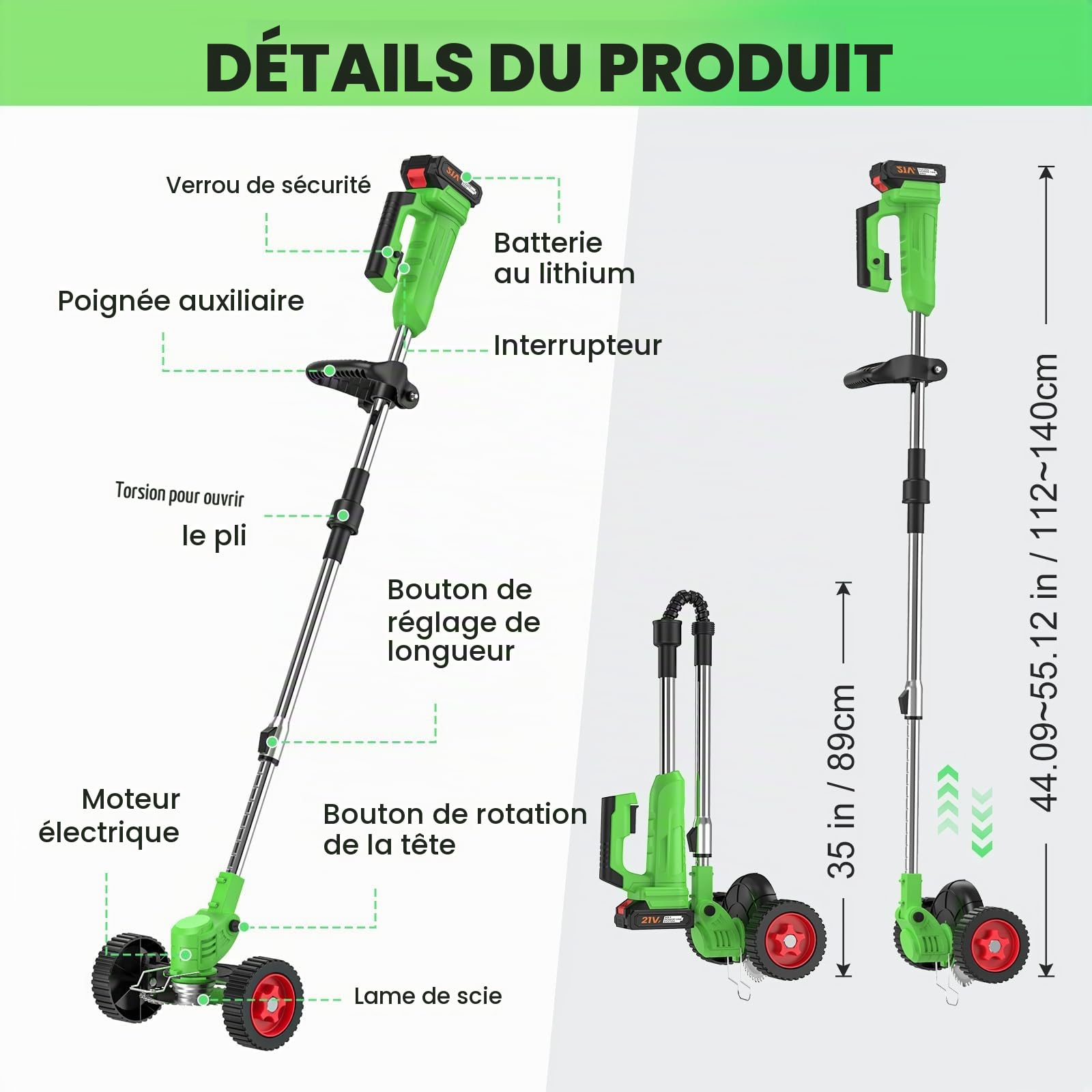 Coupe Bordure sans Fil avec Batterie et roulettes, Débroussailleuse Électrique sans Fil Pliable 800W 4-en-1, 2 Batteries 21V, Tête Pivotante 90°, Poignée Réglable, 4 Types Lames, pour Jardin