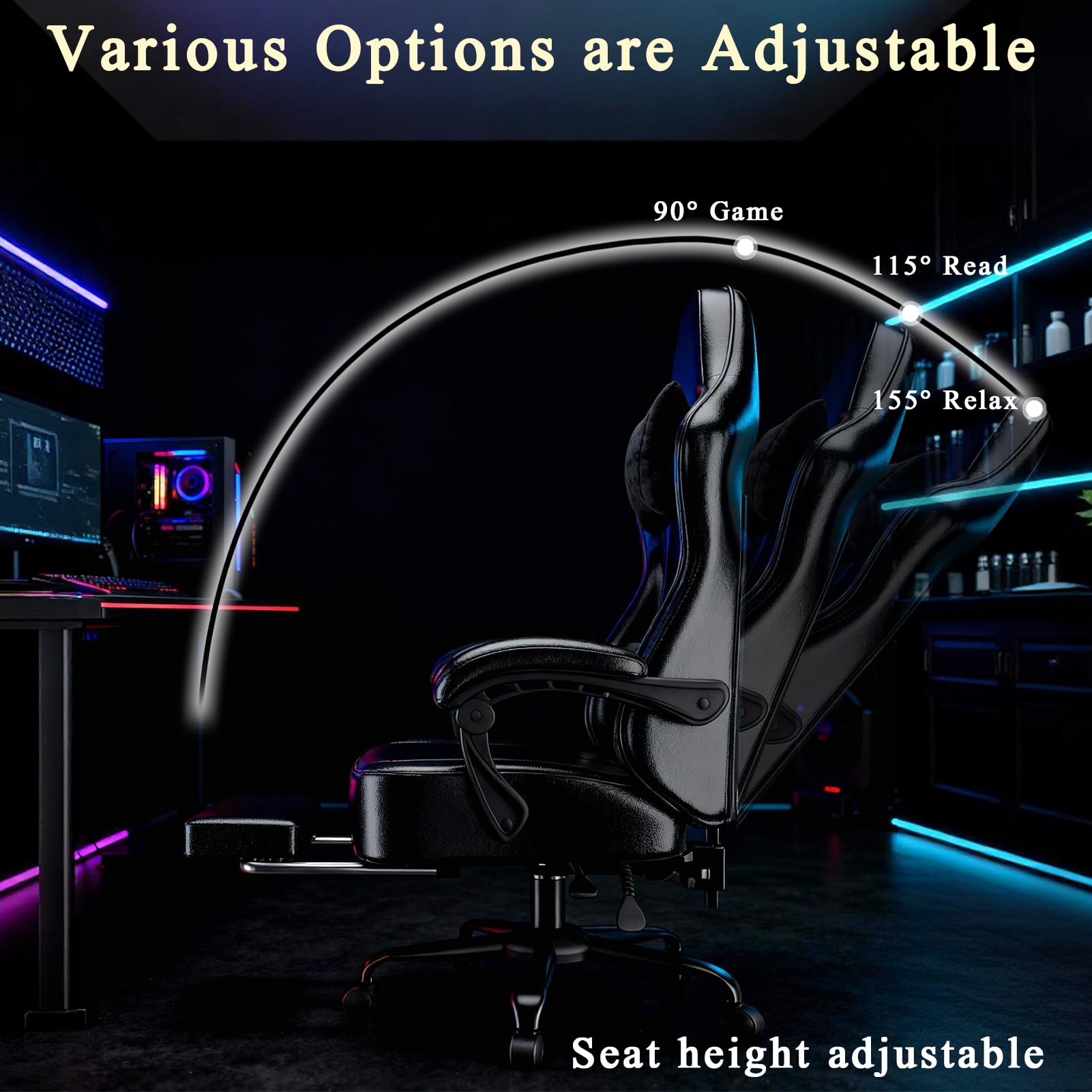 Chaise Gaming pour Adulte, Chaise de Bureau Ergonomique avec Dossier réglable, Fauteuil Gaming avec Appui-tête et Soutien Lombaire, Siege Gaming Rotatif avec Accoudoir (Noir Profond)