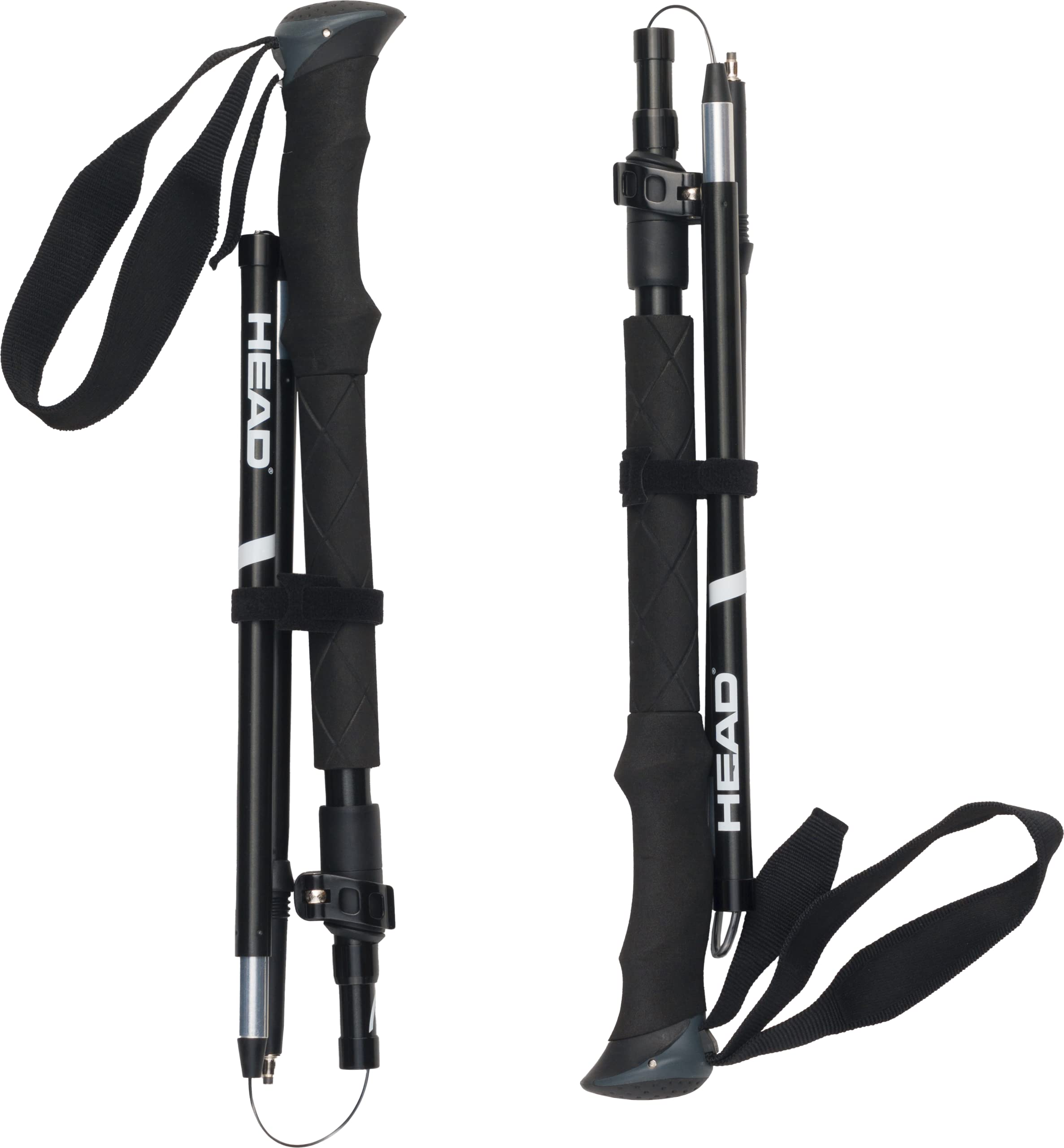 HEAD Bastoncini da Trekking Pieghevoli, altezza Regolabile 115-135 cm, 3 sezioni, diametro 16/14/14 mm,impugnatura ergonomica in PP ed EVA con laccio regolabile, alluminio con punta in acciaio, Nero
