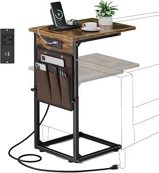 Vagusicc C-Shaped Side Table with Charging Station, Height Adjustable Sofa Side Table, Bedside Table, End Table for Small Spaces, TV Tray Table Coffee Table for Living Room, Bedroom, Rustic Brown