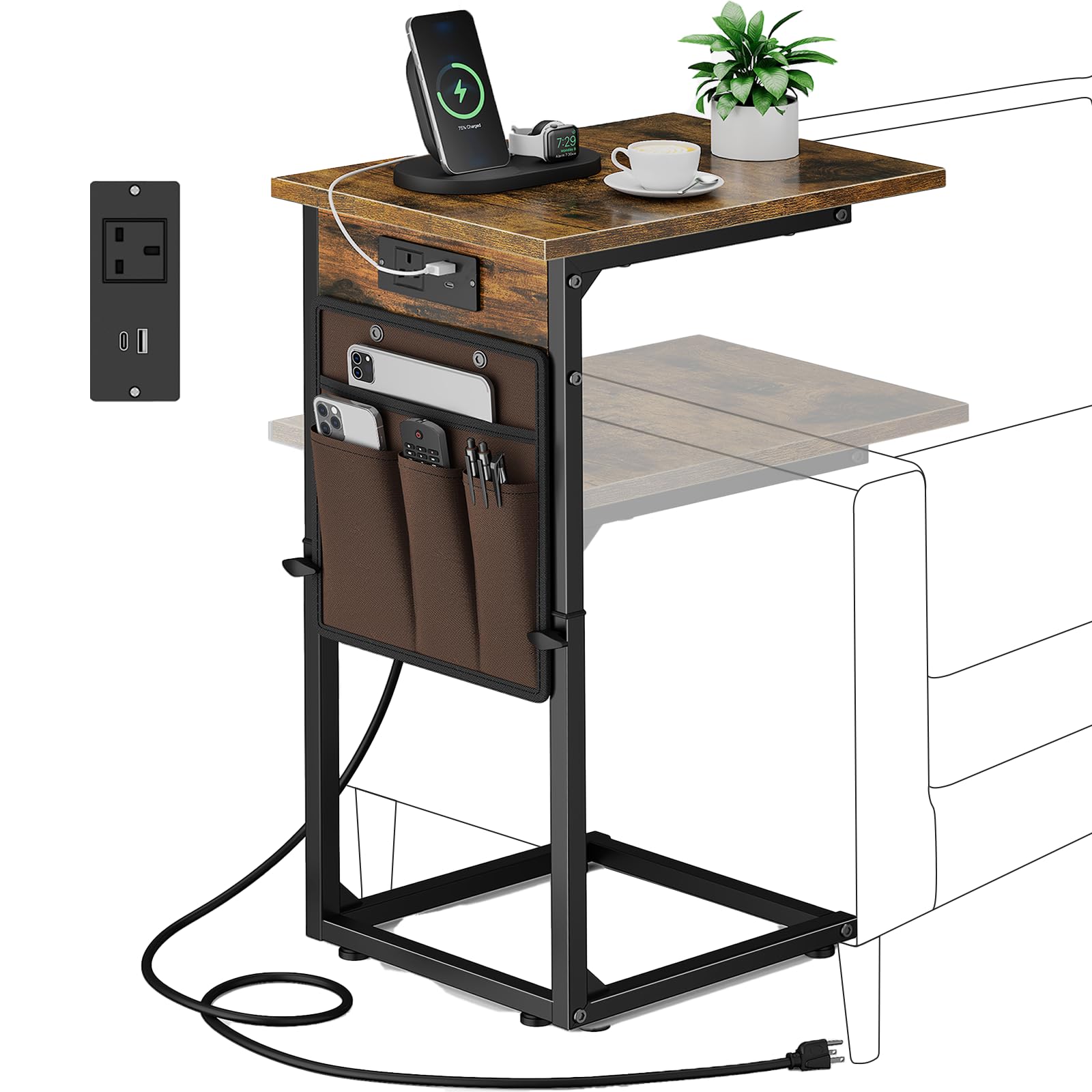 Vagusicc C-Shaped Side Table with Charging Station, Height Adjustable Sofa Side Table, Bedside Table, End Table for Small Spaces, TV Tray Table Coffee Table for Living Room, Bedroom, Rustic Brown