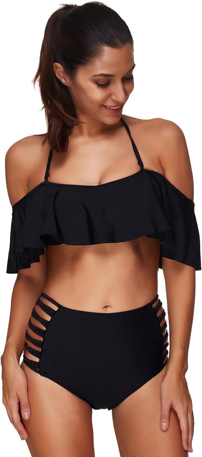 Zexxxy swimwear Cute Ruched Crop High Waist 2 PCs Bikini Set Swimsuit Size XL Black