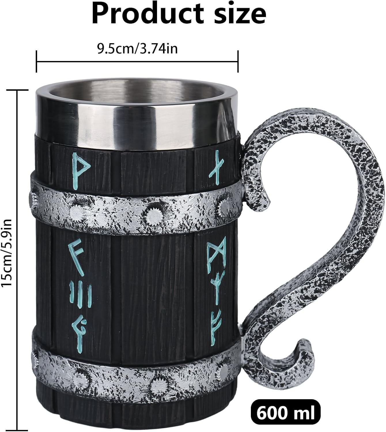Viking Wooden Barrel Beer Mug, Handgefertigter Holzfass-Bierkrug, Edelstahl Liner Vintage-Bierkrug 600 ml,mittelalterlicher Trinkbecher für Kaffee/Getränke/Saft für Männer